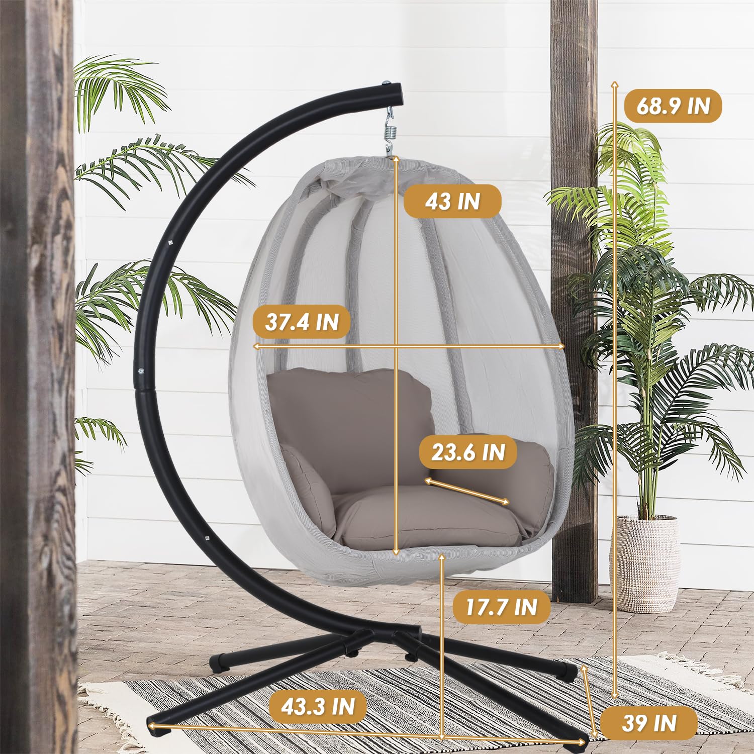 Comfy Egg Hanging Chair with Stand - Heavy Duty Indoor/Outdoor Hammock Chair with Breathable Fabric & Cushions - Perfect for Patio, Bedroom, Garden, Poolside Relaxation - Grey