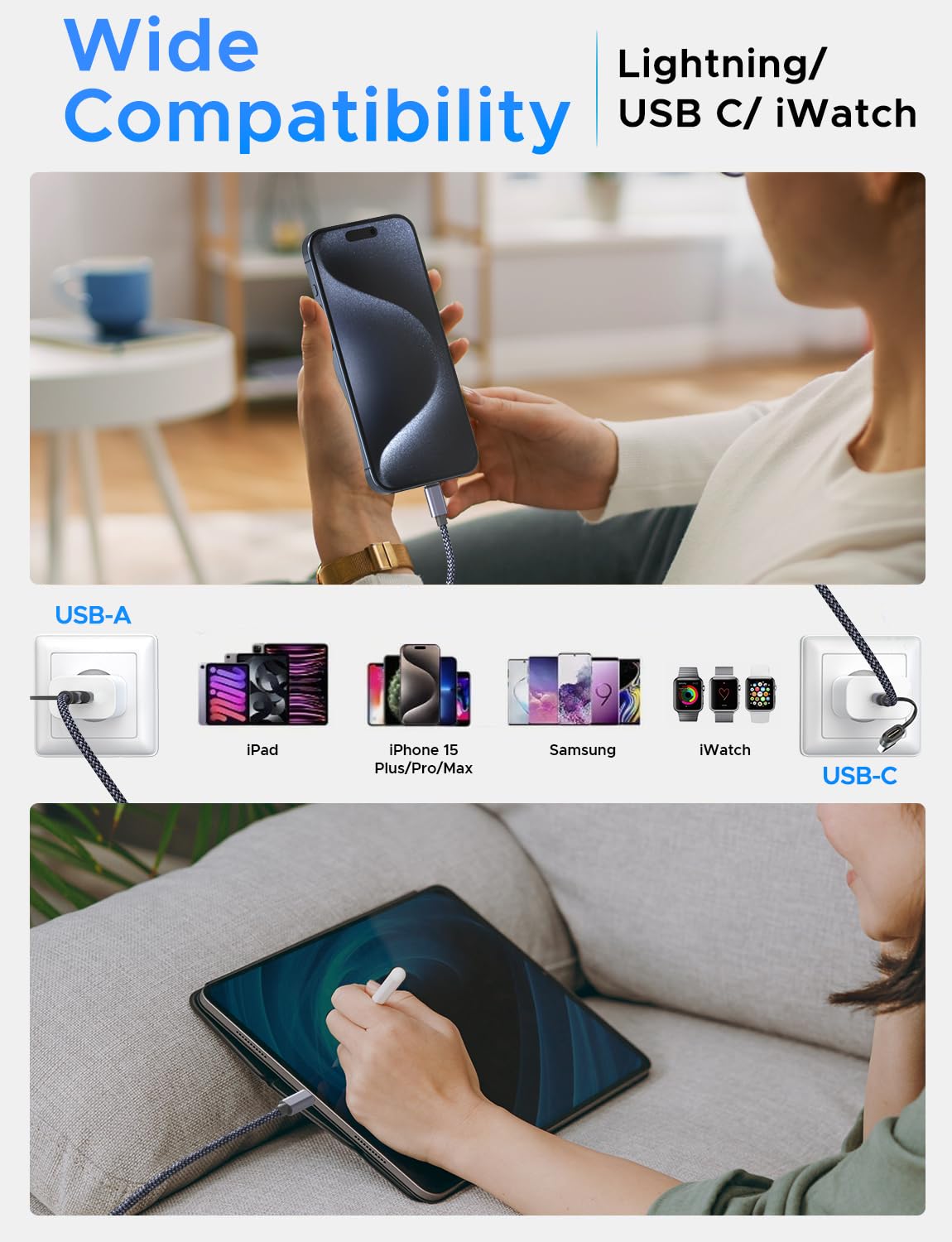 3-in-1 Fast Charging Cable for Apple Watch/iPhone/Samsung - 4FT Multi-Port USB C to Lightning & Magnetic Charger Compatible with iWatch Ultra/SE/10/9/8/7/6/5/4/3/2/1, iPhone 16/15/14/13/12 & Galaxy S23 - Perfect for Travel, Office & Home Charging