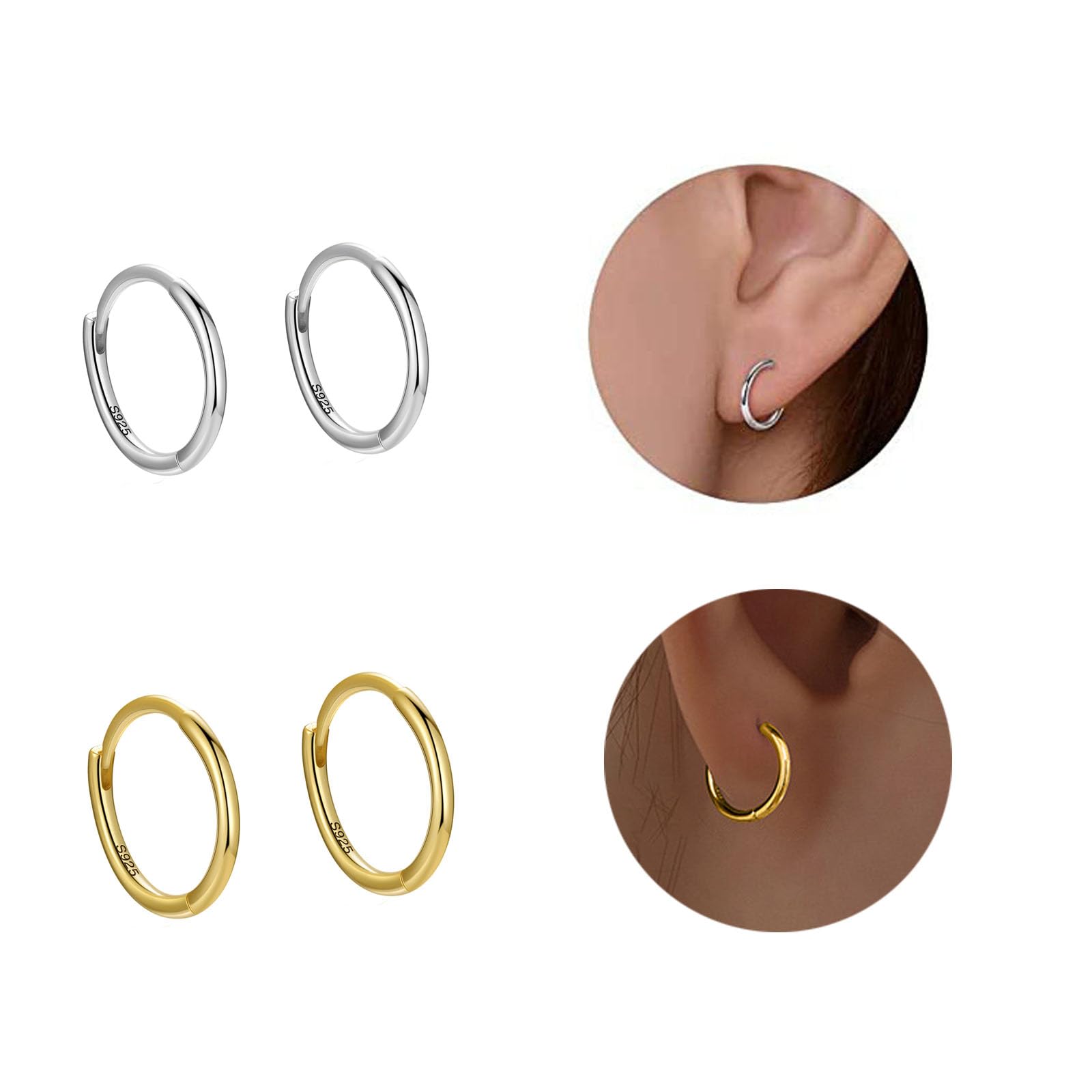 2 Pairs 925 Sterling Silver Hoop Earrings Set for Women & Men - Gold/Silver Huggie Hoops, Small Round Mini Sleeper Cartilage Earrings - Hypoallergenic Pierced Earrings Multipack - Perfect for Everyday Wear, Gifts & Special Occasions