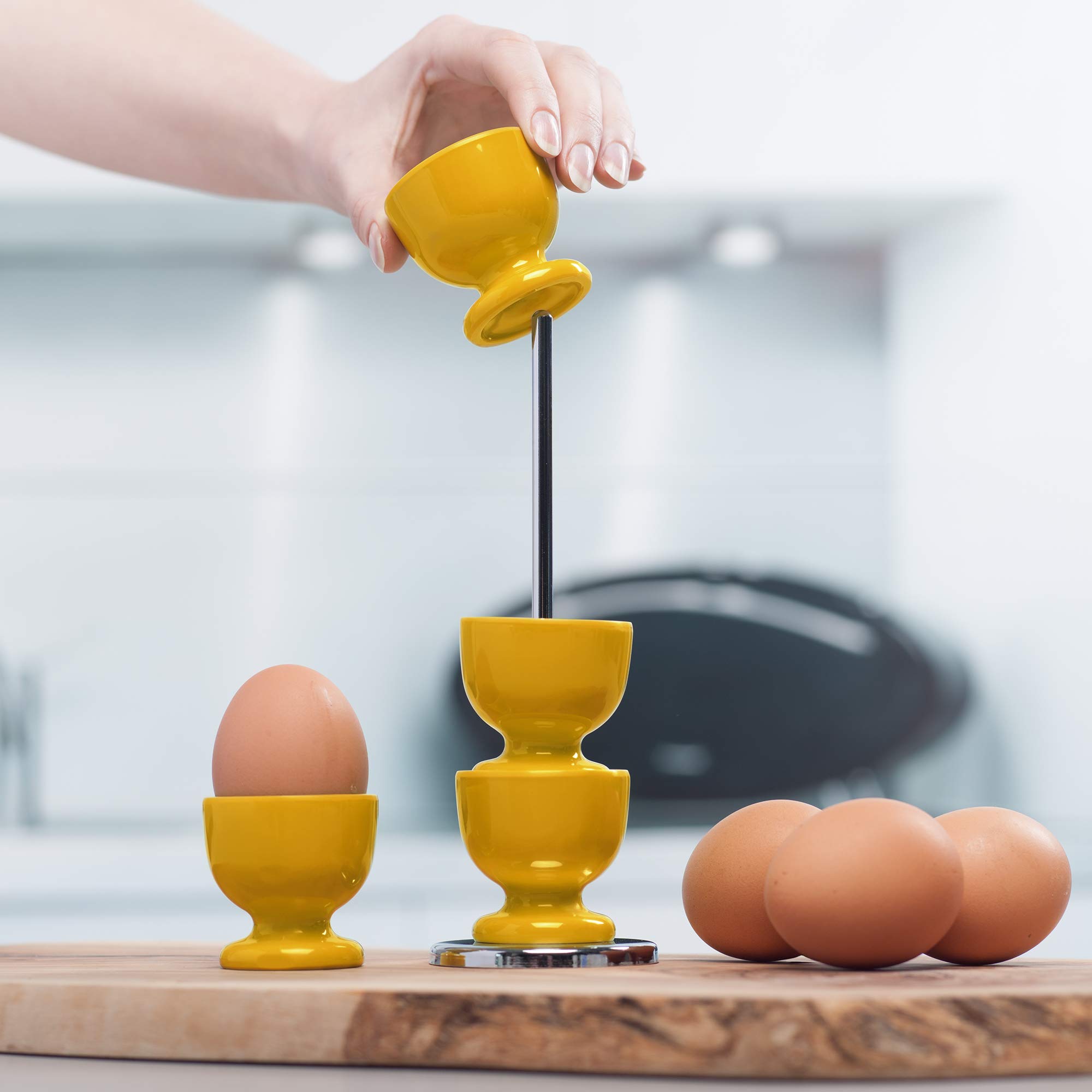 Zeal Melamine Stackable Egg Cups Set of 4 with Chrome Storage Stand - Mustard Yellow | Durable Kitchen Organizers for Breakfast, Easter Decor & Party Serving