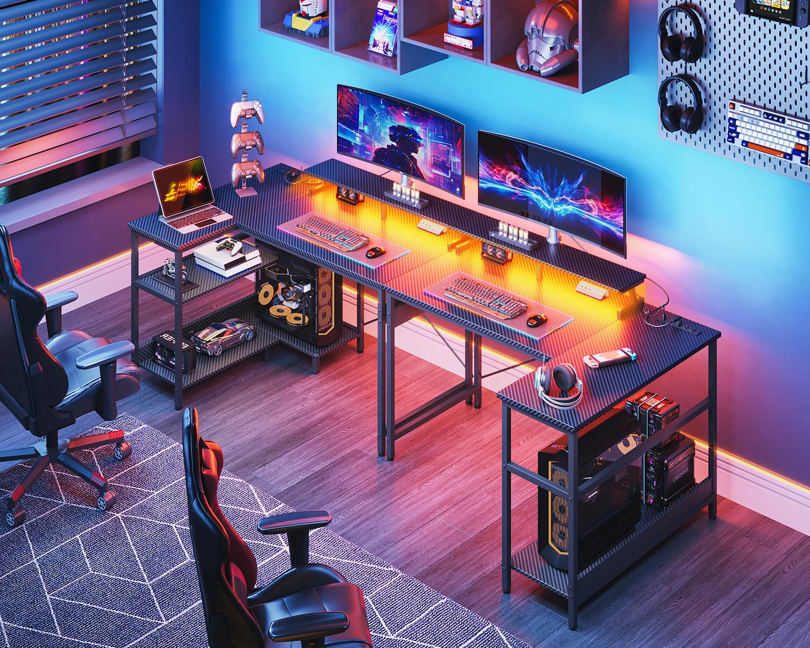 40 Inch L-Shaped Gaming Desk with USB Ports & LED Lights - Carbon Fiber Surface, Black | Reversible Corner Computer Desk with Storage Shelves & Monitor Stand | Perfect for Home Office, Gaming Setup & Workspace Organization
