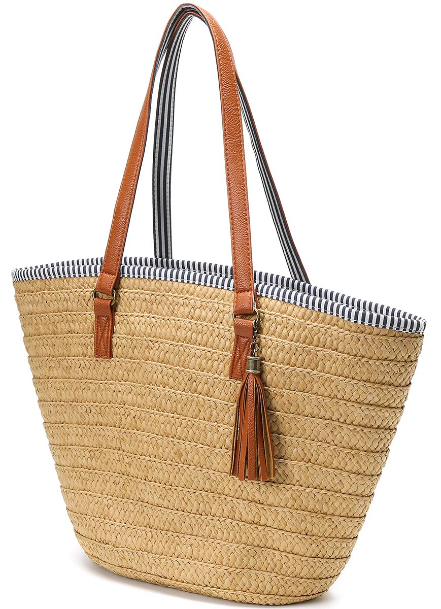 Stylish Straw Beach Tote Bag with Tassels & Pom Poms - Handwoven Summer Shoulder Purse for Women | Perfect for Beach Vacations, Pool Parties & Boho Outfits