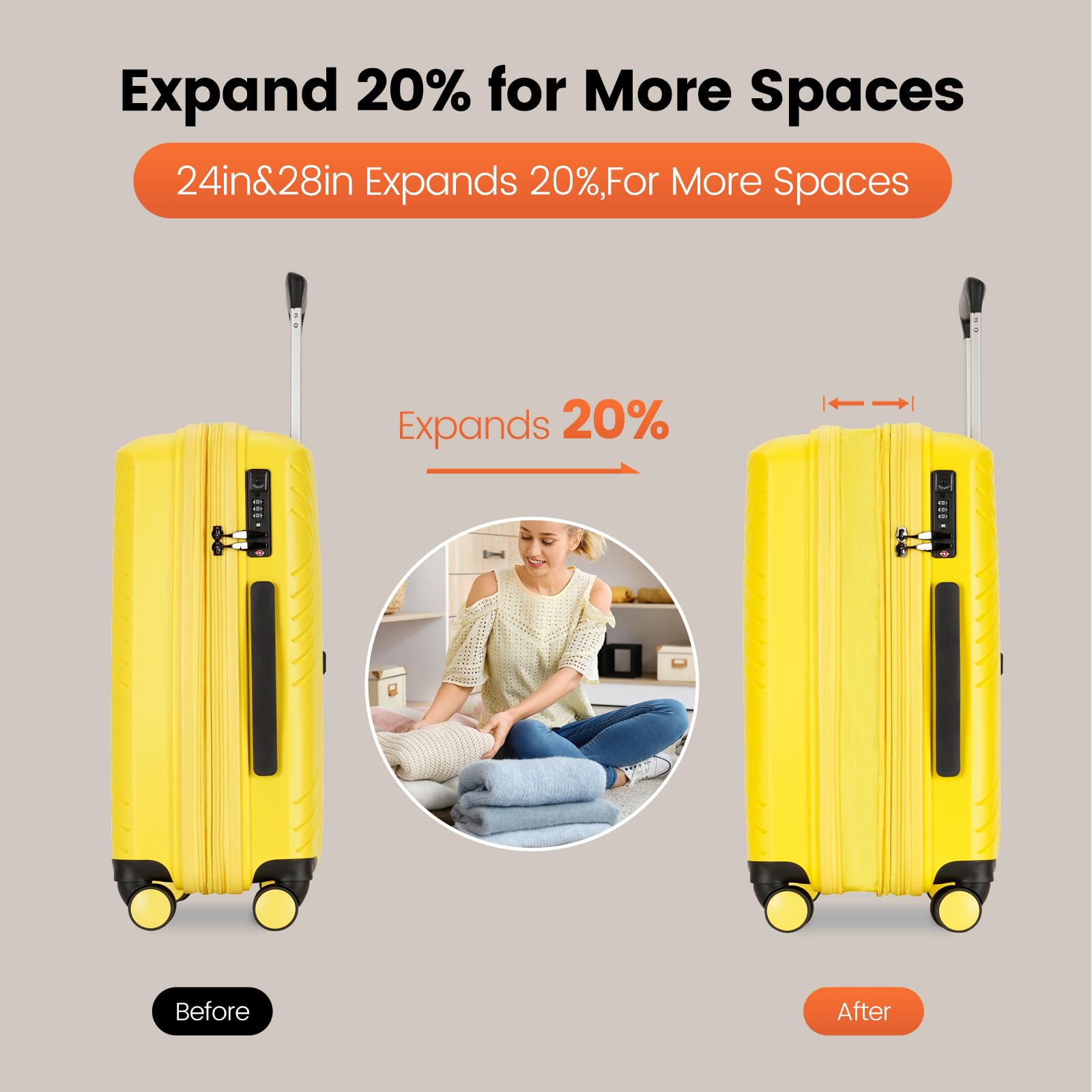 GinzaTravel Rune Series Expandable 3-Piece Lightweight Hardside Luggage Set with Spinner Wheels & TSA Lock - Durable PP Material Business Suitcase for Travel, Business Trips & Vacations