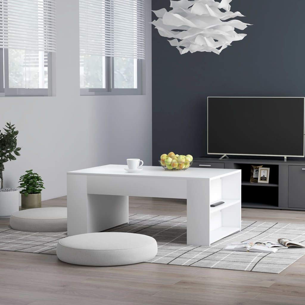 Modern Industrial Coffee Table with 2 Side Shelves - Rectangle Wooden Cocktail Table for Living Room, Sofa Side Table in White - Perfect for Small Spaces & Contemporary Home Decor