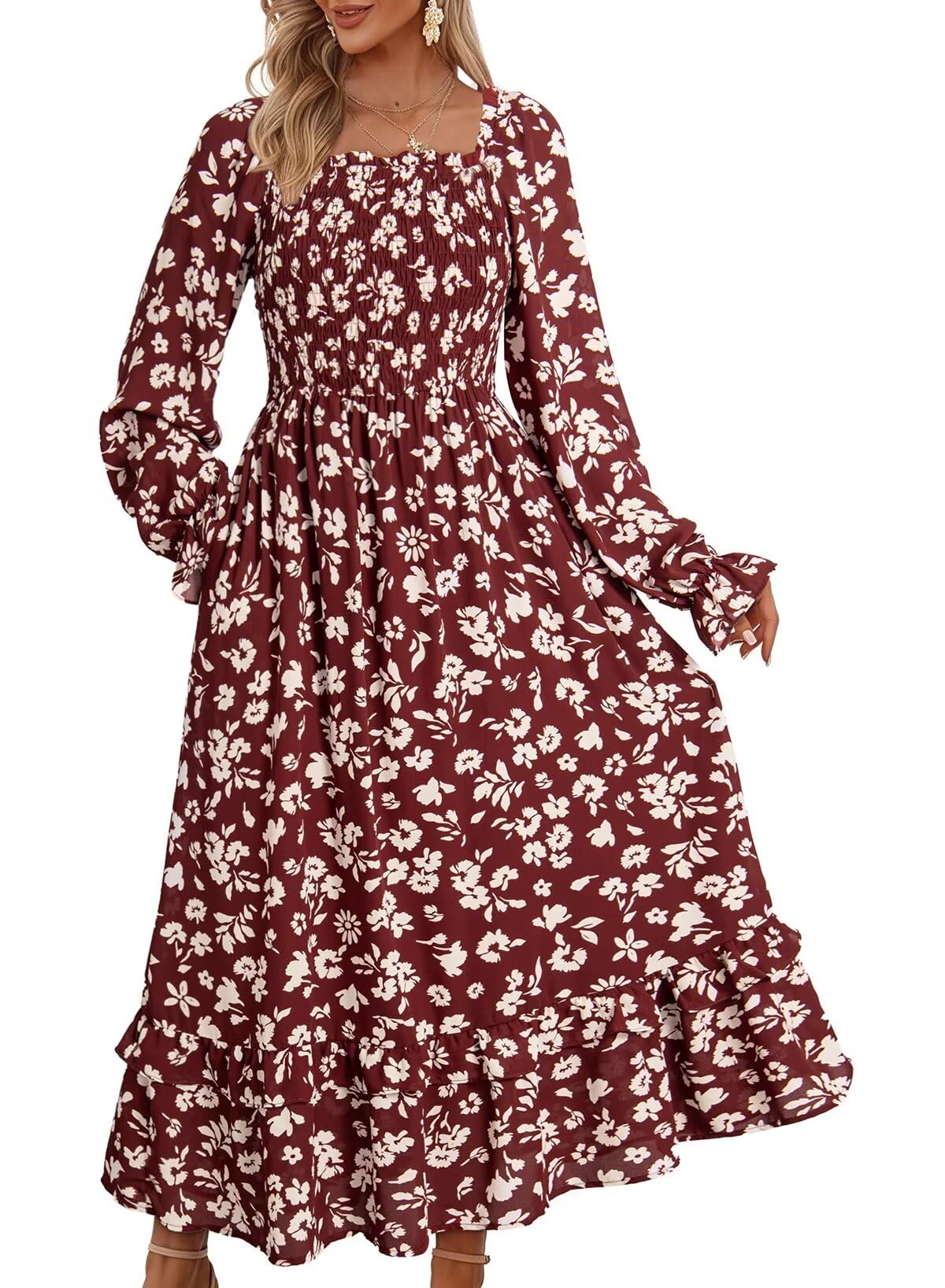 Dokotoo Women's Floral Maxi Dress - Casual Square Neck Long Sleeve Smocked Waist Tiered Ruffle Hem Spring Summer Dress | Perfect for Beach Vacation, Garden Party & Date Night Outfits