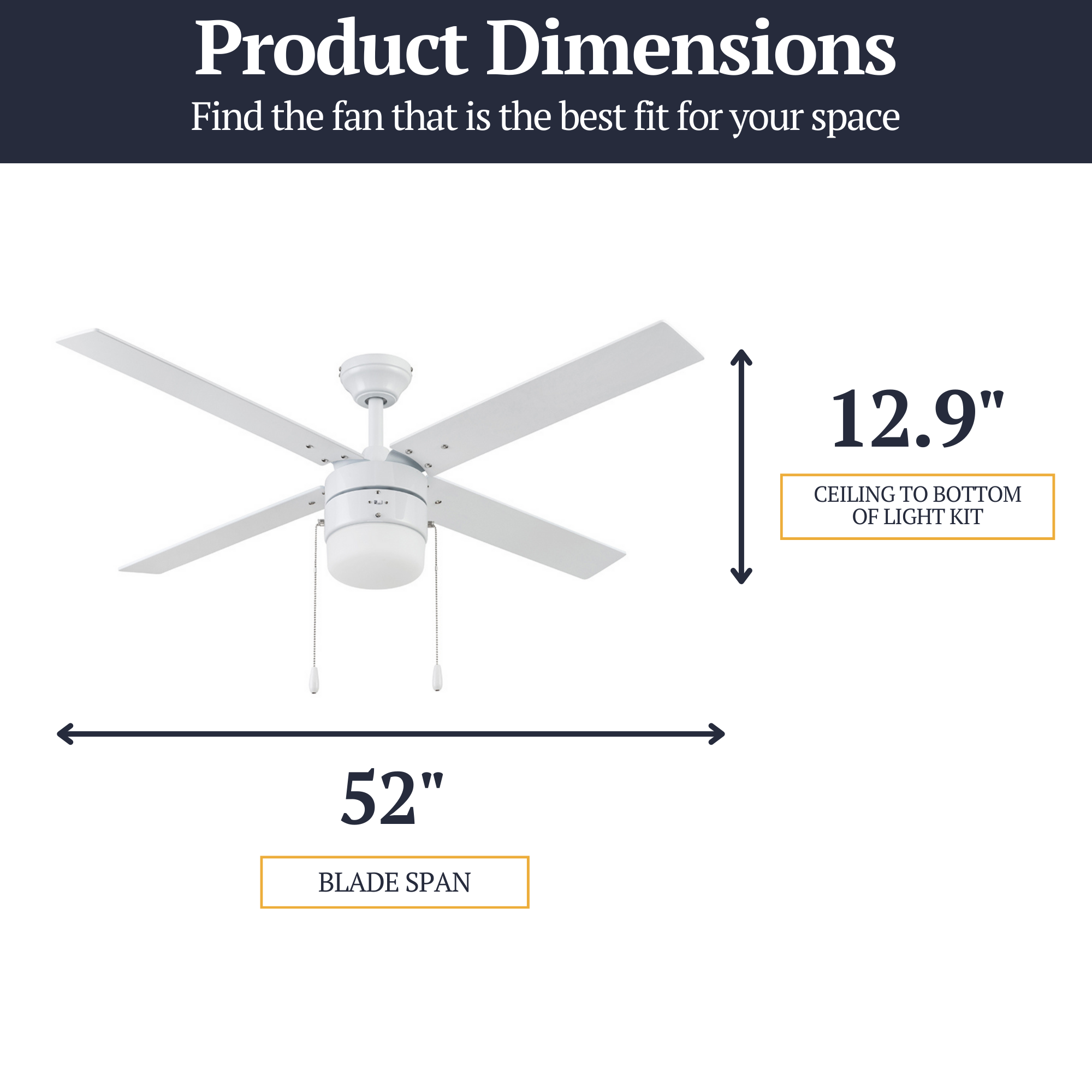 52 Inch White Ceiling Fan with Pull Chain - Modern & Energy Efficient for Living Room, Bedroom, or Office