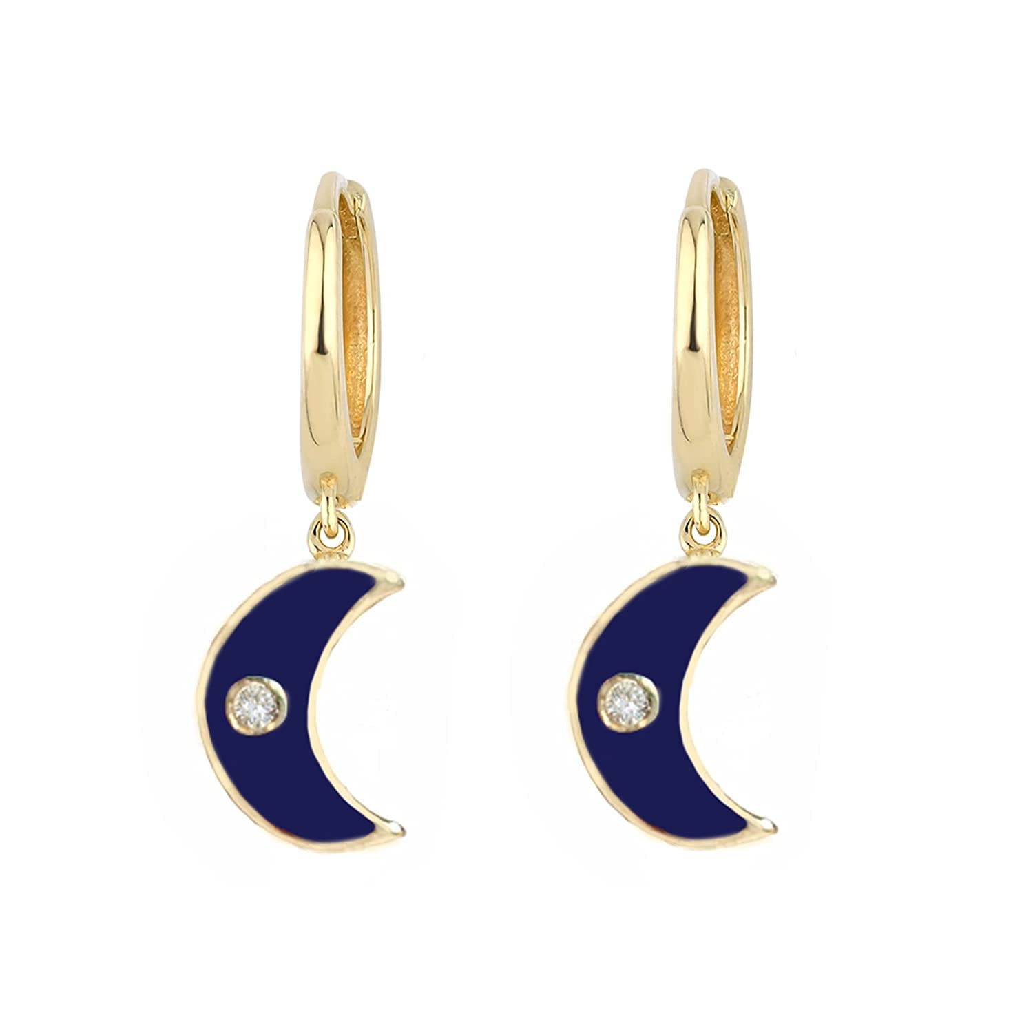 14K Gold Moon Diamond Dangle Drop Hoop Earrings for Women - Crescent Moon Evil Eye Enamel Turquoise Blue Earrings | Perfect for Parties, Weddings & Everyday Elegance
