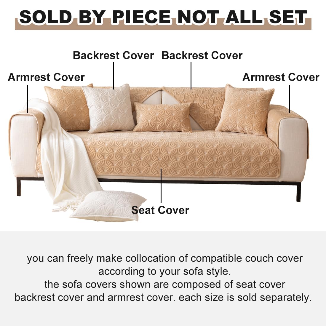 Super Soft Velvet Quilted Sofa Cover - Non-Slip Sectional Couch Slipcover with Leaf Pattern, Plush Furniture Protector for Pets & Kids (36