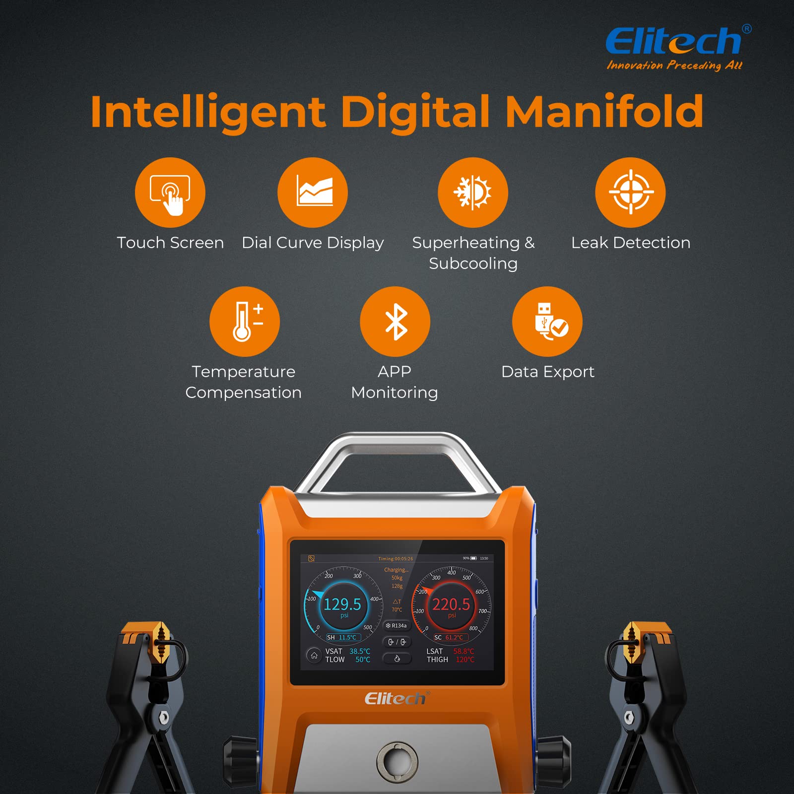 Elitech EMG-20V Smart HVAC Digital Manifold Gauge Set - 3 Port with Vacuum Sensor, Thermometer & Clamps - Professional HVAC Diagnostic Tools for AC Repair & Refrigerant Charging - Perfect for HVAC Technicians & DIY Home Maintenance
