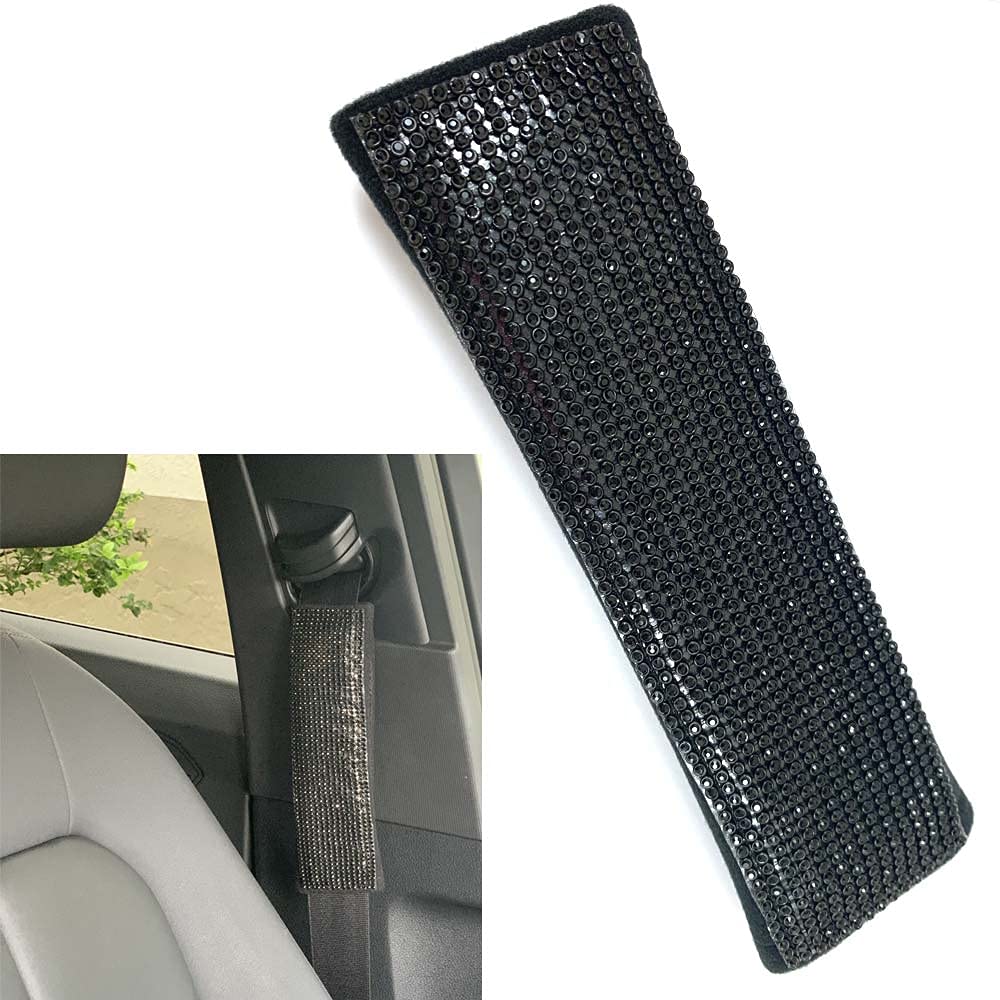 4X Seat Belt Shoulder Pads - Bling Black Crystal Car Pillow Cushion Cover - Comfortable & Stylish for Long Drives, Road Trips & Daily Commute