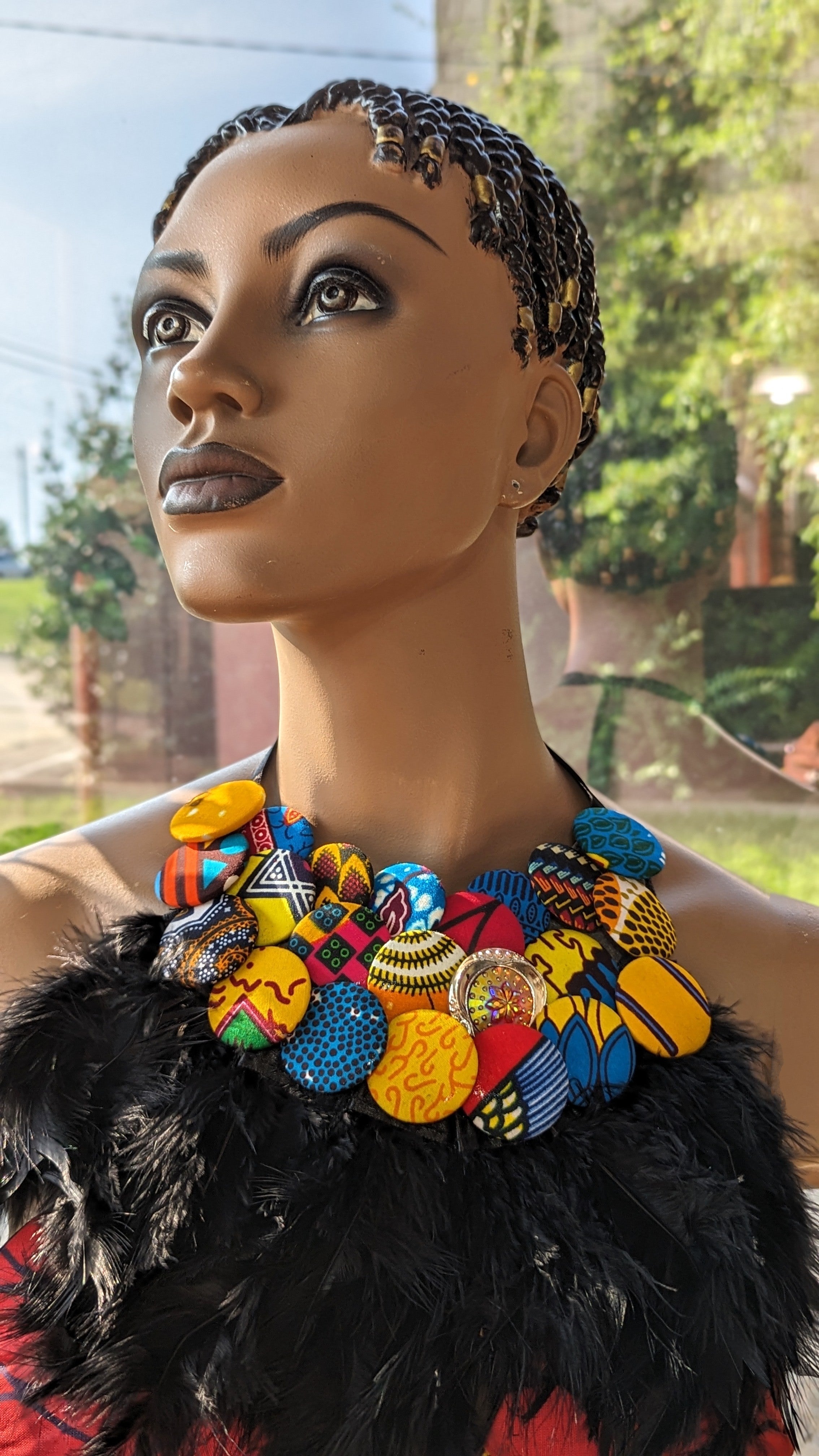 Authentic African Print Three-Tiered Button & Feather Necklace - Dupsie's Ahenema Splendor DPXJBAFW1 | Handmade Tribal Jewelry for Women, Afrocentric Fashion Accessory for Parties, Weddings & Cultural Events
