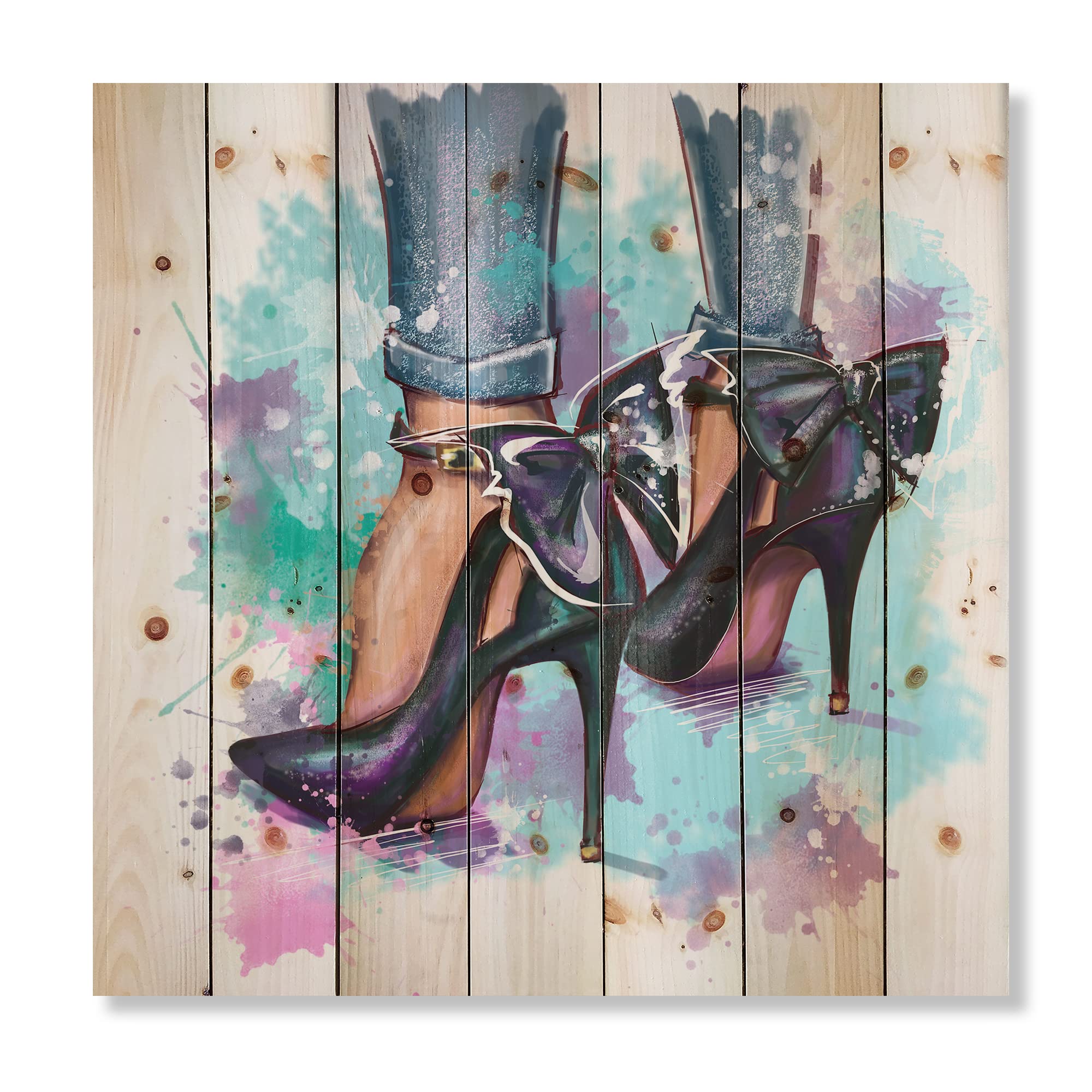 Trendy Fashion Shoes & Modern Wood Wall Decor - Blue Large Wood Wall Art Panels Printed on Natural Pine for Living Room, Bedroom & Office Decor