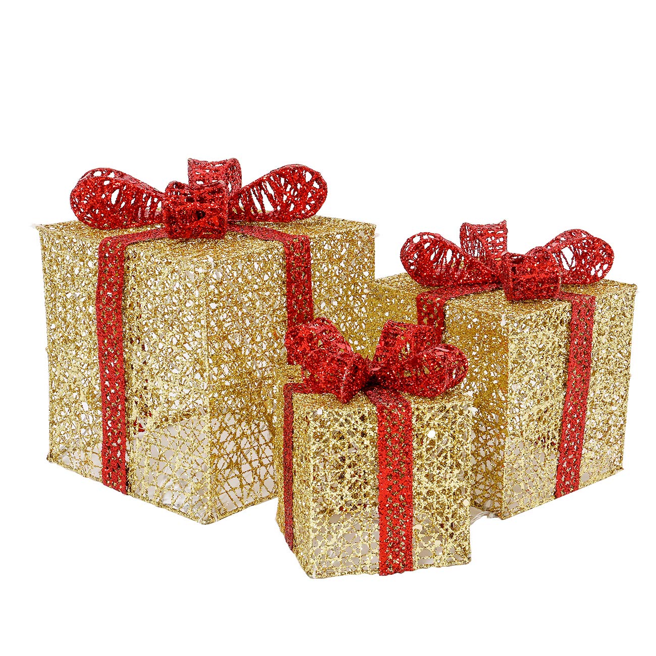 Sunnyglade 3-Piece Christmas Lighted Gift Box Set with Bows - Gold Holiday Decor for Home & Weddings