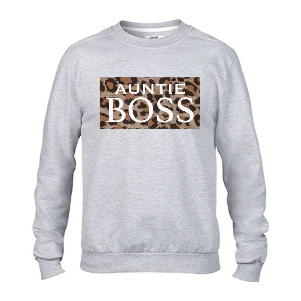 Trendy Leopard Print Slogan Sweater for Women - Auntie & Mini Boss Grey Pullover (MRK X) | Casual Outfit & Streetwear Fashion
