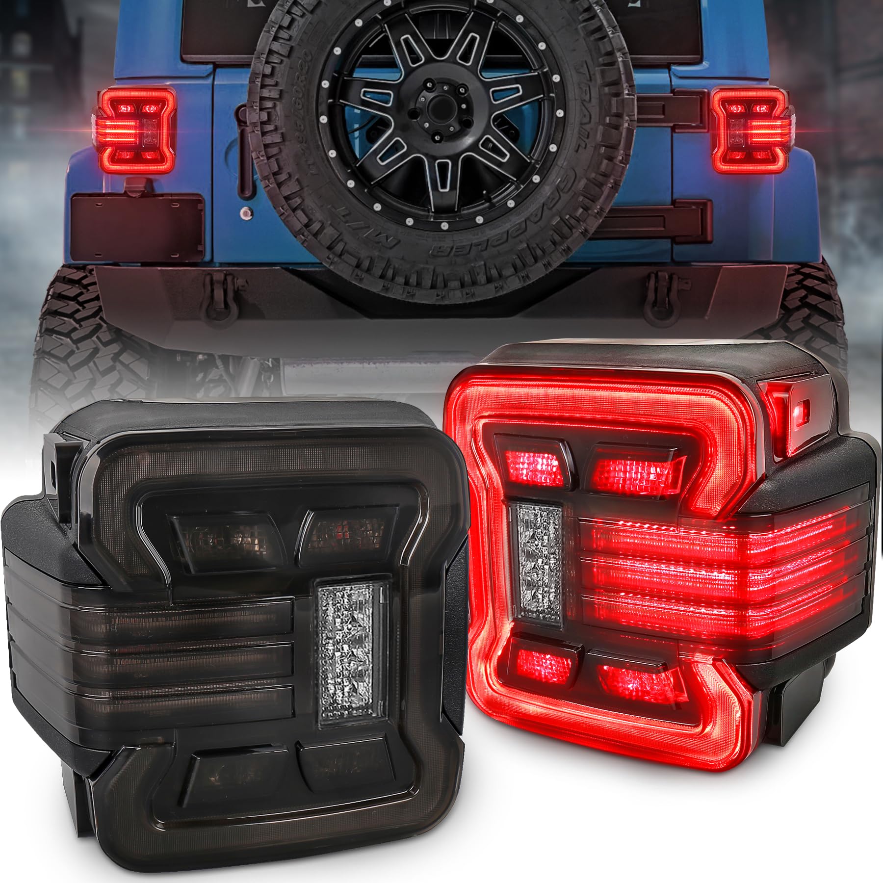 Smoke Lens LED Tail Lights for 2007-2018 Jeep Wrangler JK JKU - Sport Sahara Rubicon Unlimited - Brake/Turn Signal/Reverse Lights - 2PC Set - Upgrade Your Off-Road Adventure & Night Driving Safety