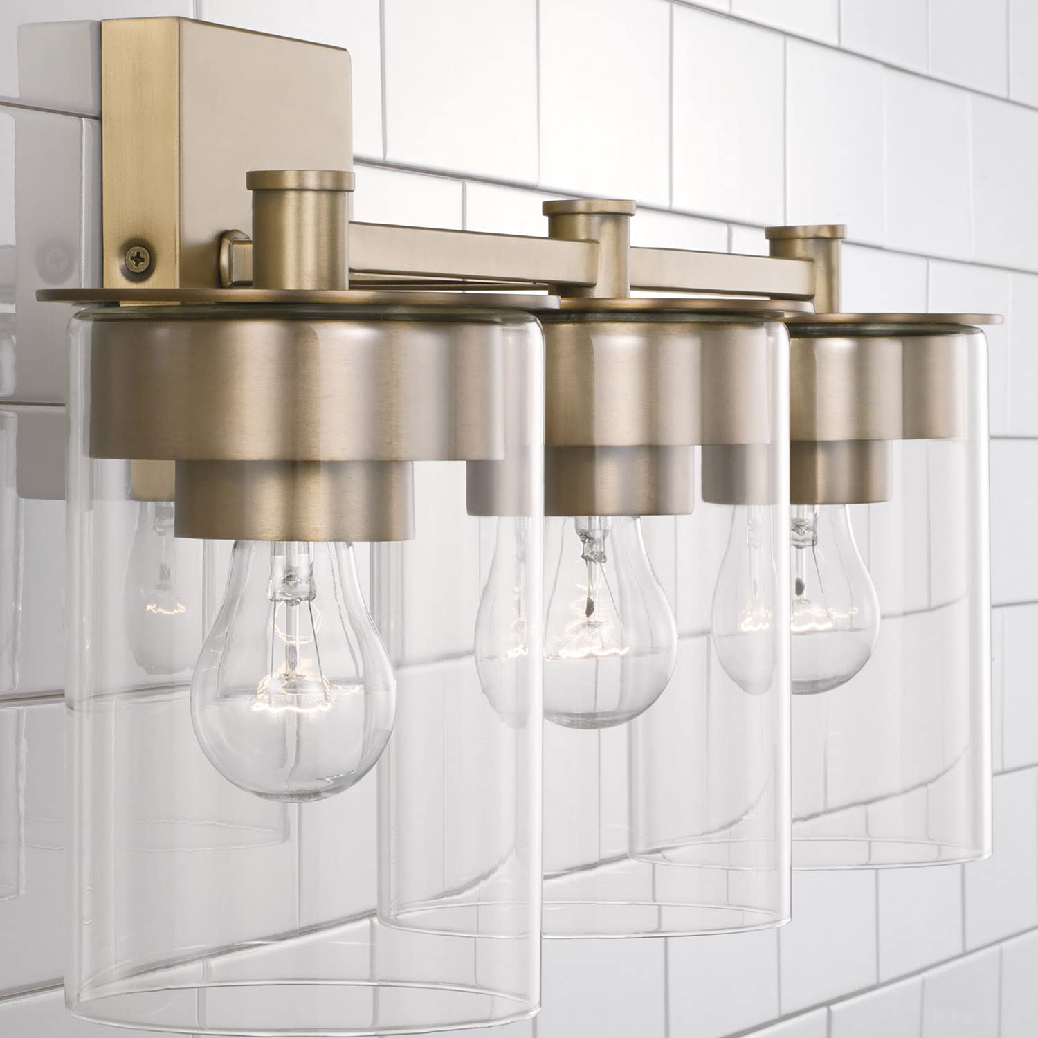 HomePlace Lighting 146831AD-532 Mason Transitional 3-Light Bathroom Vanity Fixture with Clear Glass Cylinder Shades, 300W Total, Brass Finish, 9