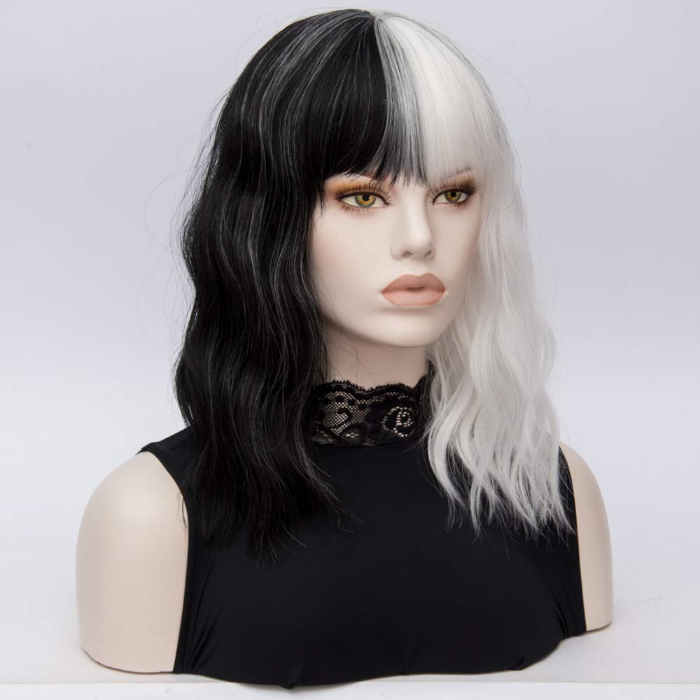 QACCF Short Wavy Shoulder Length Heat Resistant Synthetic Wig for Women - Black & White - Perfect for Cosplay, Daily Wear & Costume Parties