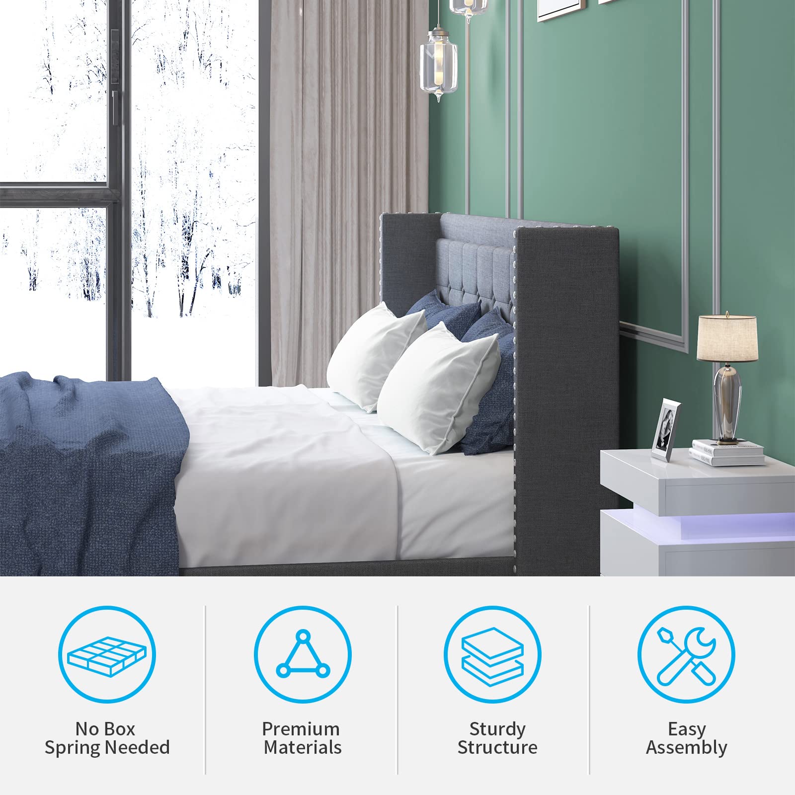 BALUS King Size Platform Bed Frame with Wingback Headboard - Modern Upholstered Bed with Rivet Design, No Box Spring Required, Easy Assembly (Dark Grey) - Perfect for Master Bedroom, Guest Room & Modern Home Decor