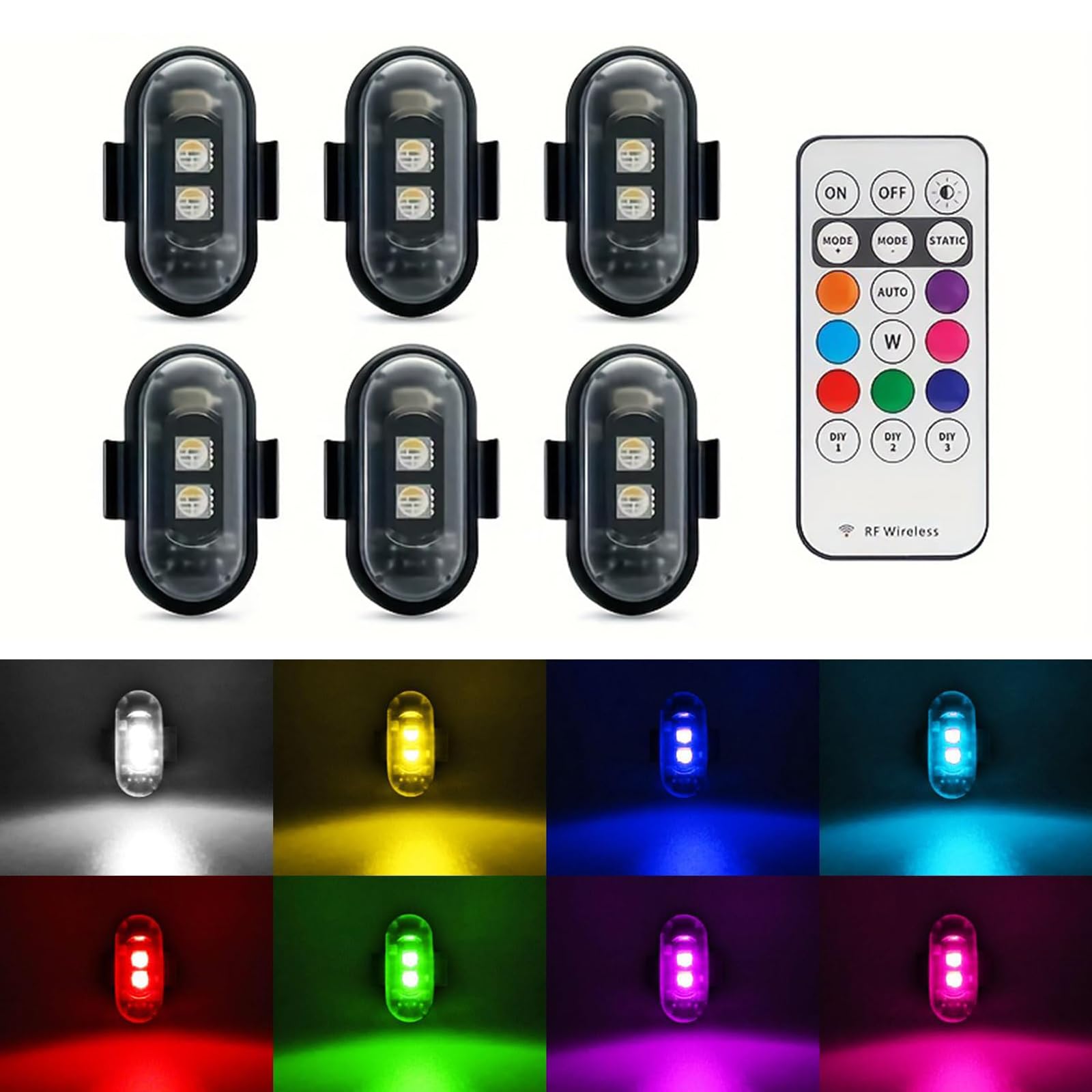 Wireless LED Strobe Lights with Remote Control - 8 Color High Brightness Anti-Collision Warning Lights for Cars, Drones, Motorcycles & Bikes - USB Rechargeable, Magnetic Base (6 Pack) - Perfect for Emergency Signaling, Night Riding & Vehicle Decoration