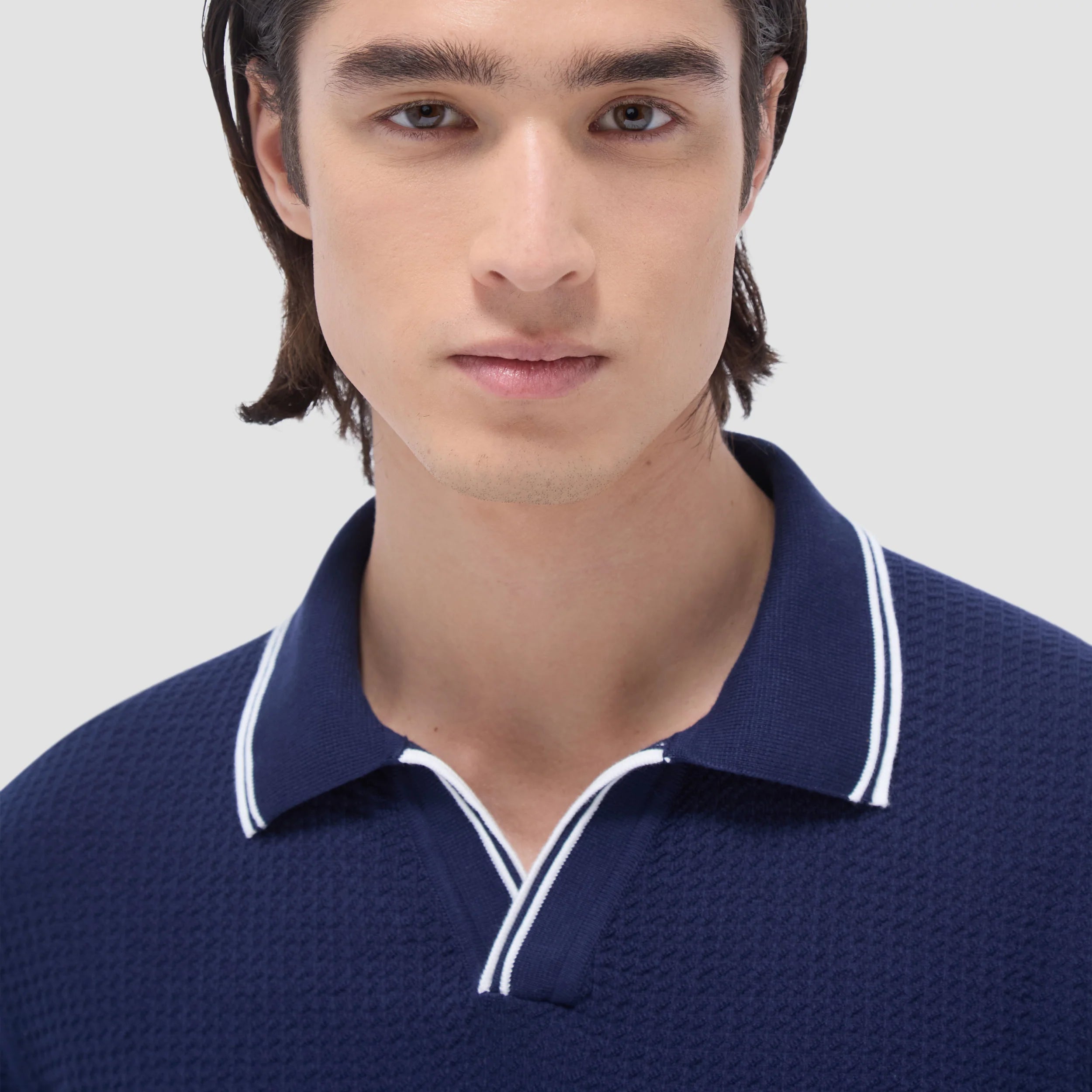 Bugatchi Men's Short Sleeve Johnny Collar Sweater - Navy Blue Cotton Knit Pullover for Casual Wear & Office Outfits