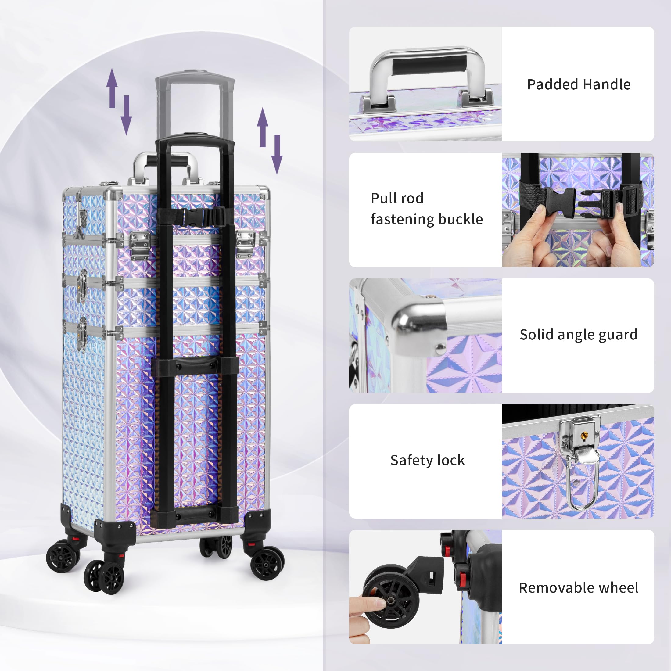 4 in 1 Rolling Makeup Case with Drawers - Multi-functional Cosmetic Trolley with Wheels & Lock - Large Storage Travel Cart for Nail Technicians, Makeup Artists & Hairstylists (Silver) - Perfect for Salon, Travel & Professional Makeup Organization