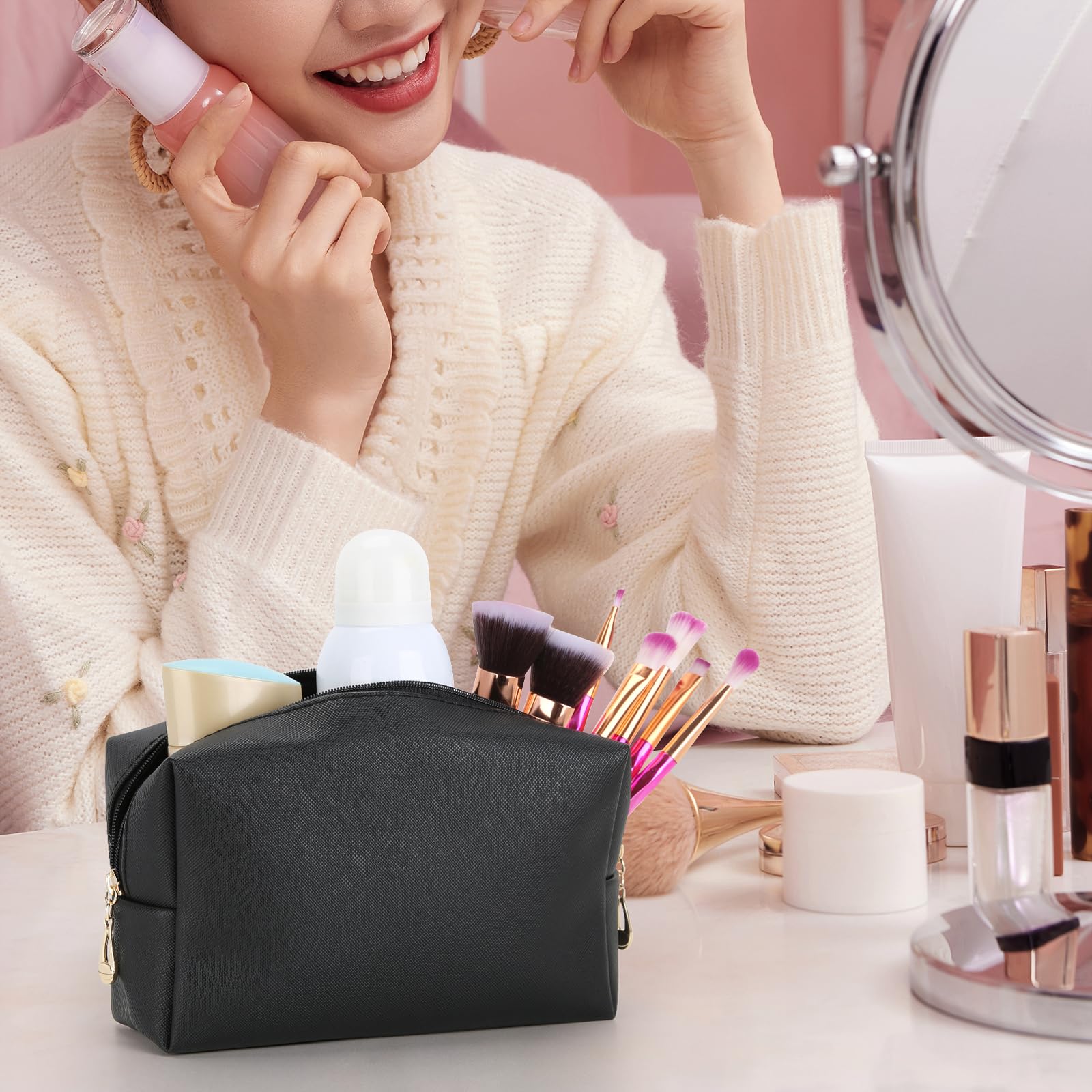 Waterproof Travel Makeup Bag for Women - Medium Size Cosmetic Organizer Pouch, Black | Perfect for Travel, Gym & Daily Use