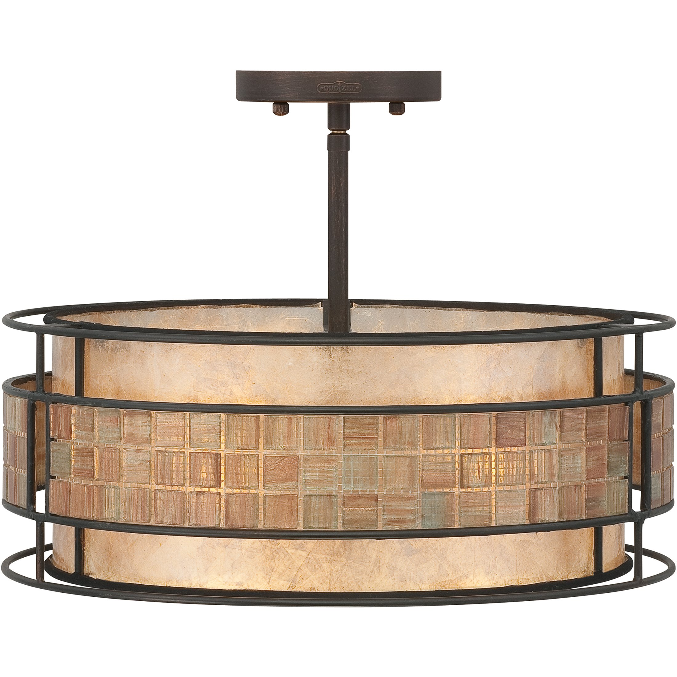 Quoizel Laguna 3-Light Semi-Flush Mount Ceiling Light - Renaissance Copper Finish with Mosaic Tile Stripe & Taupe Mica Shade - Traditional Classic Ceiling Light for Dining Room, Bedroom, or Hallway Lighting