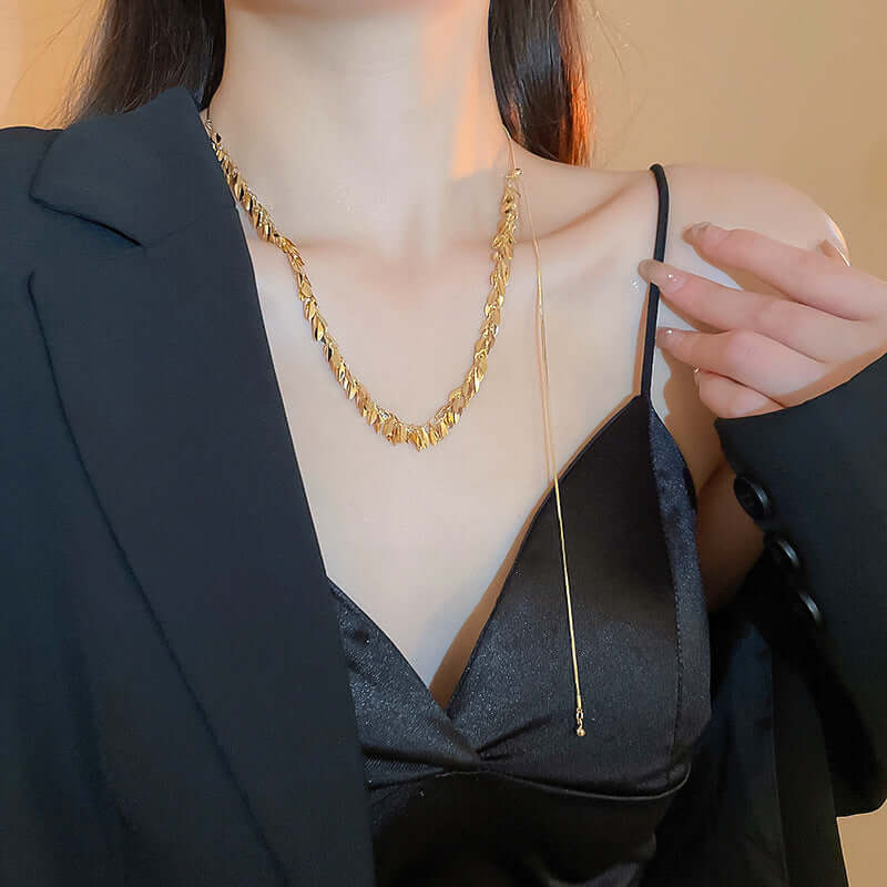 Sequin Leaf Multi-Way Y Chain Tassel Necklace for Women | Adjustable Layered Statement Jewelry | Perfect for Parties, Weddings & Evening Events | EH1775