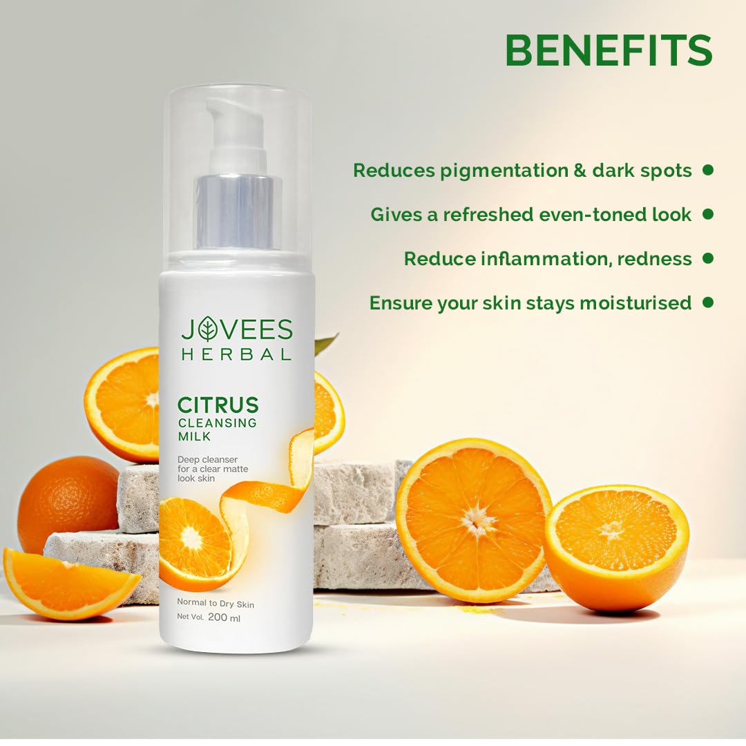 Jovees Herbal Citrus Cleansing Milk with Lemon Peel, Almond & Coconut Oil - Gentle Face Wash for Makeup Removal & Deep Cleansing - Moisturizing Facial Cleanser for Soft, Clean & Healthy Skin - Ideal for Normal to Dry Skin (200ml) | Perfect for Daily Skincare Routine & Post-Makeup Cleansing