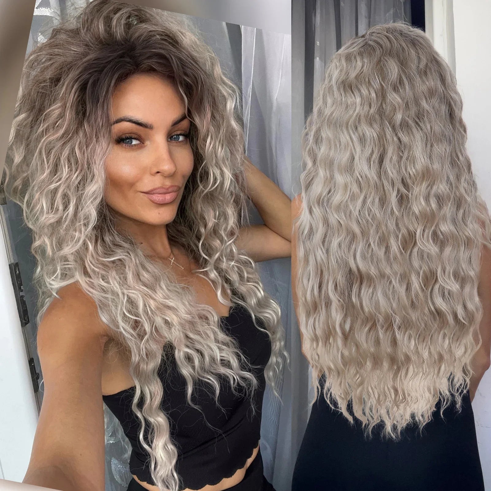 Ash Blonde Synthetic Long Curly Wig for Women - Fluffy Ombre Wave Hairstyle | Perfect for Costume Parties, Carnival, Cosplay & Daily Fashion