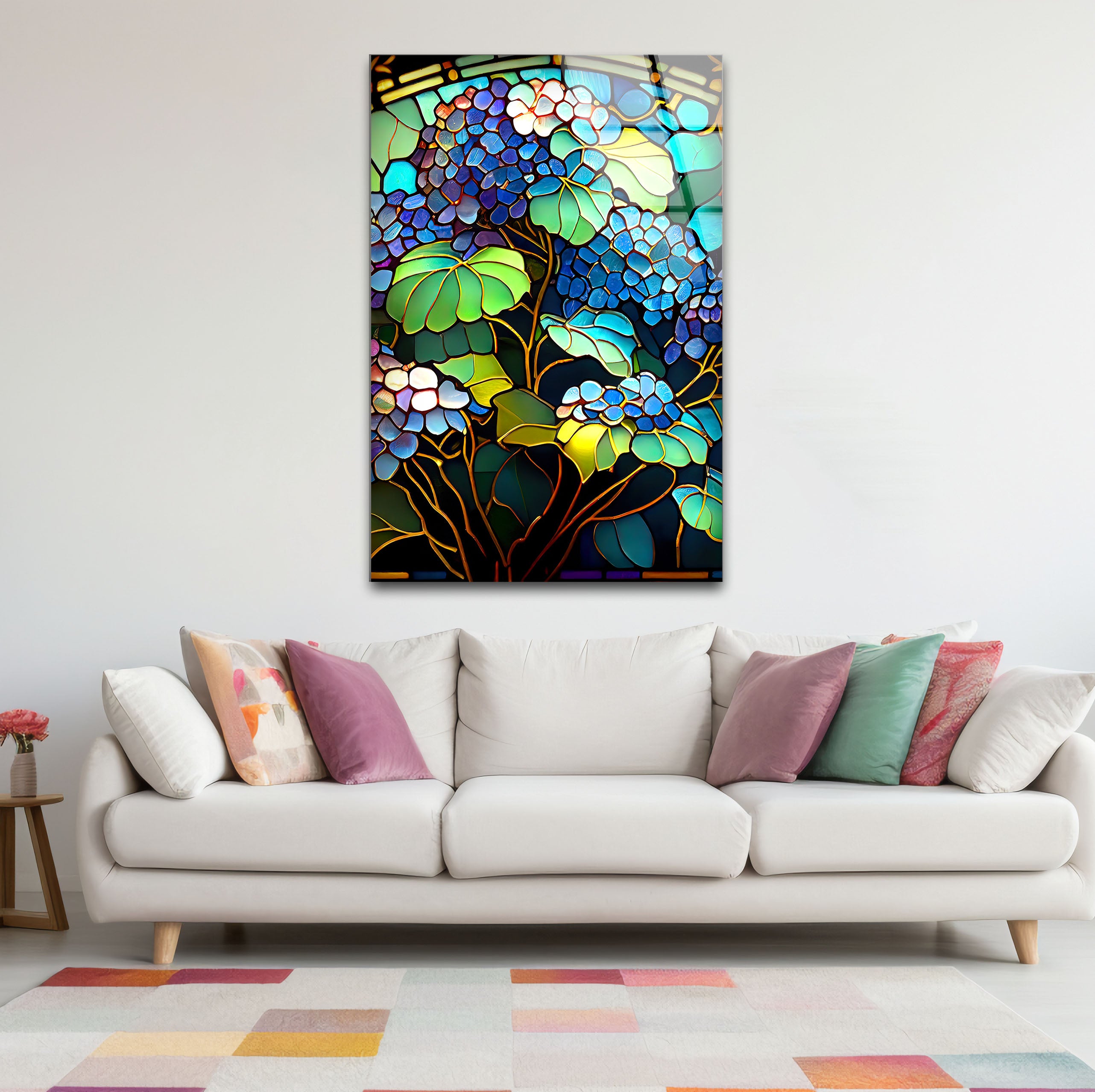 Blue Hydrangea Stained Glass Wall Art - Vertical Floral Glass Print for Home Decor, Church, Wedding & Office | Handmade Glass Painting Gift for Women