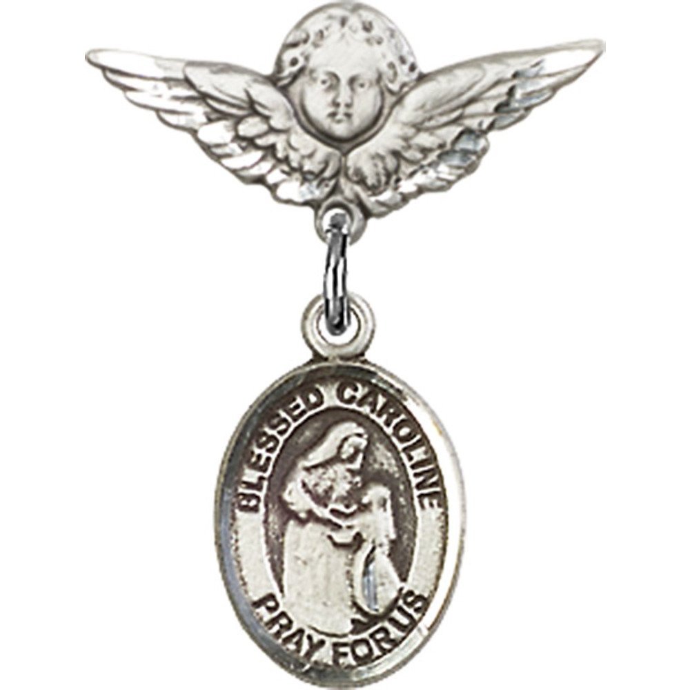 Blessed Caroline Gerhardinger Sterling Silver Baby Badge with Angel Wing Charm - 7/8 X 3/4 Inch Religious Pin for Christening, Baptism & First Communion Gifts