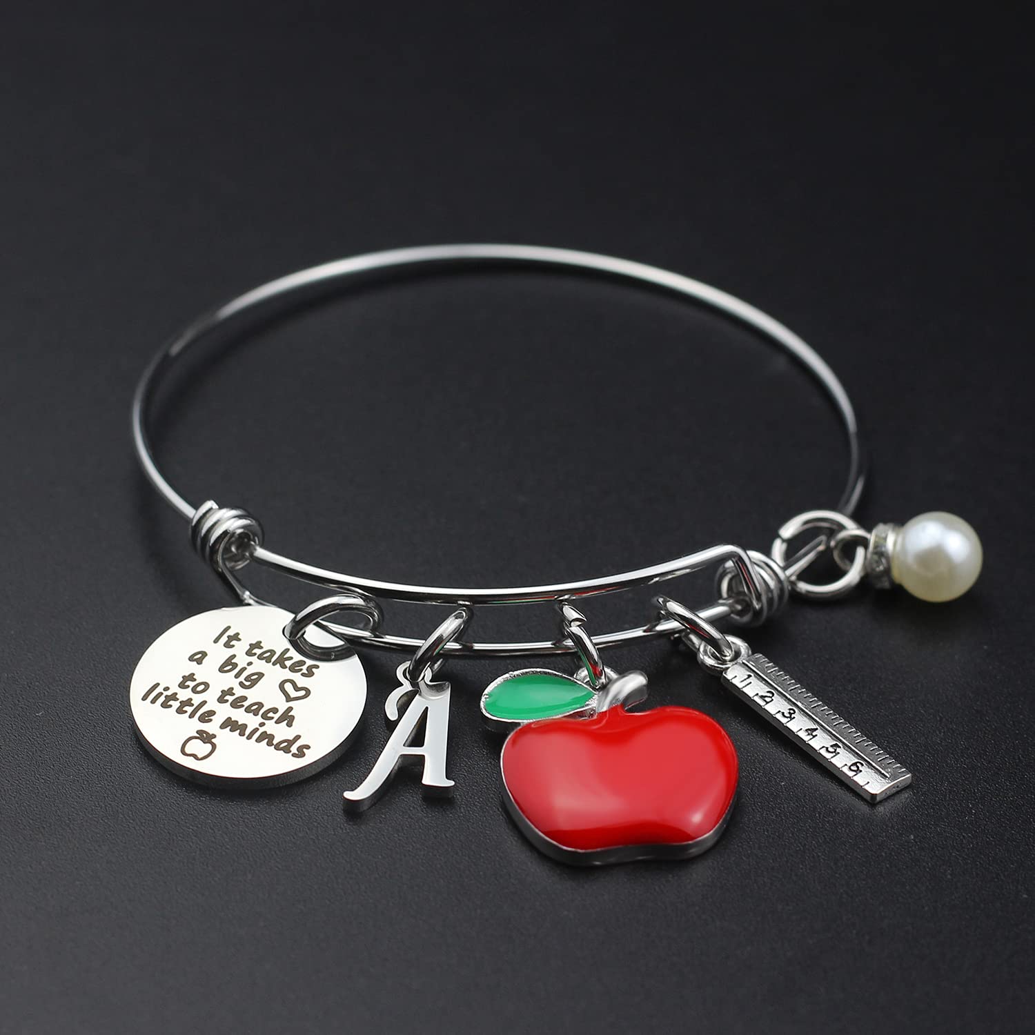 Scwasen Initial Teacher Bracelet for Women - Heart Shaped Teacher Appreciation Gift with Inspirational Quote 'It Takes a Big Heart to Teach Little Minds' - Perfect Thank You Gift for Teachers Day, Graduation, Retirement & Everyday Appreciation