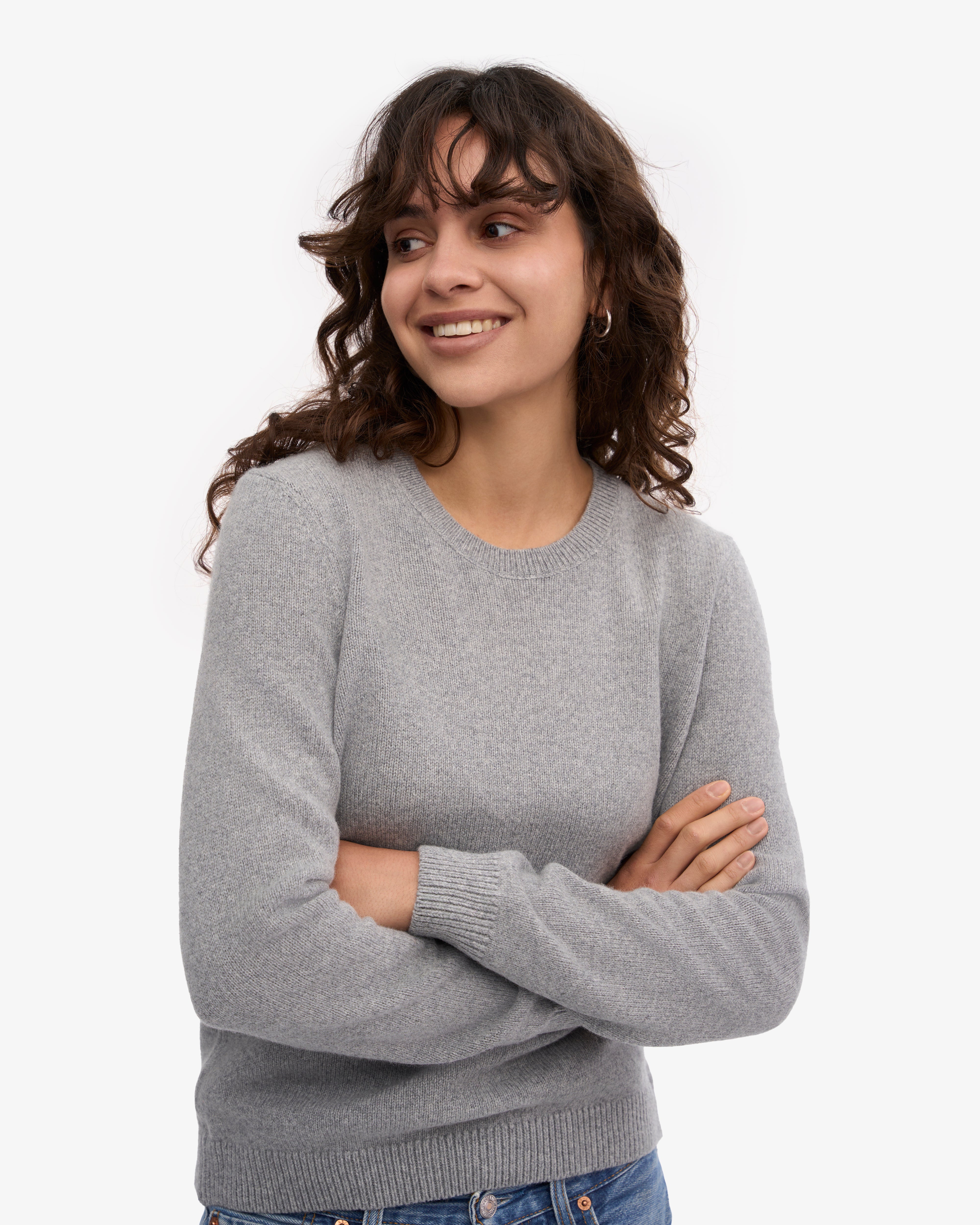 Premium Women's Classic Merino Wool Crew Neck Sweater - Soft Heather Grey - Warm Winter Knitwear for Office, Travel & Casual Outfits