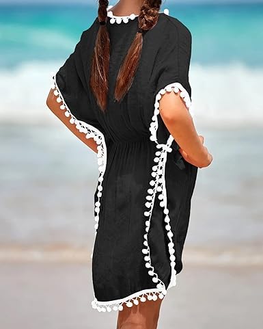 Eurivicy Girls' Swim Cover Up - Cute Kids Summer Beach Dress with Pom Pom Trim | Swimwear Wrap for Pool, Beach & Vacation Outfits