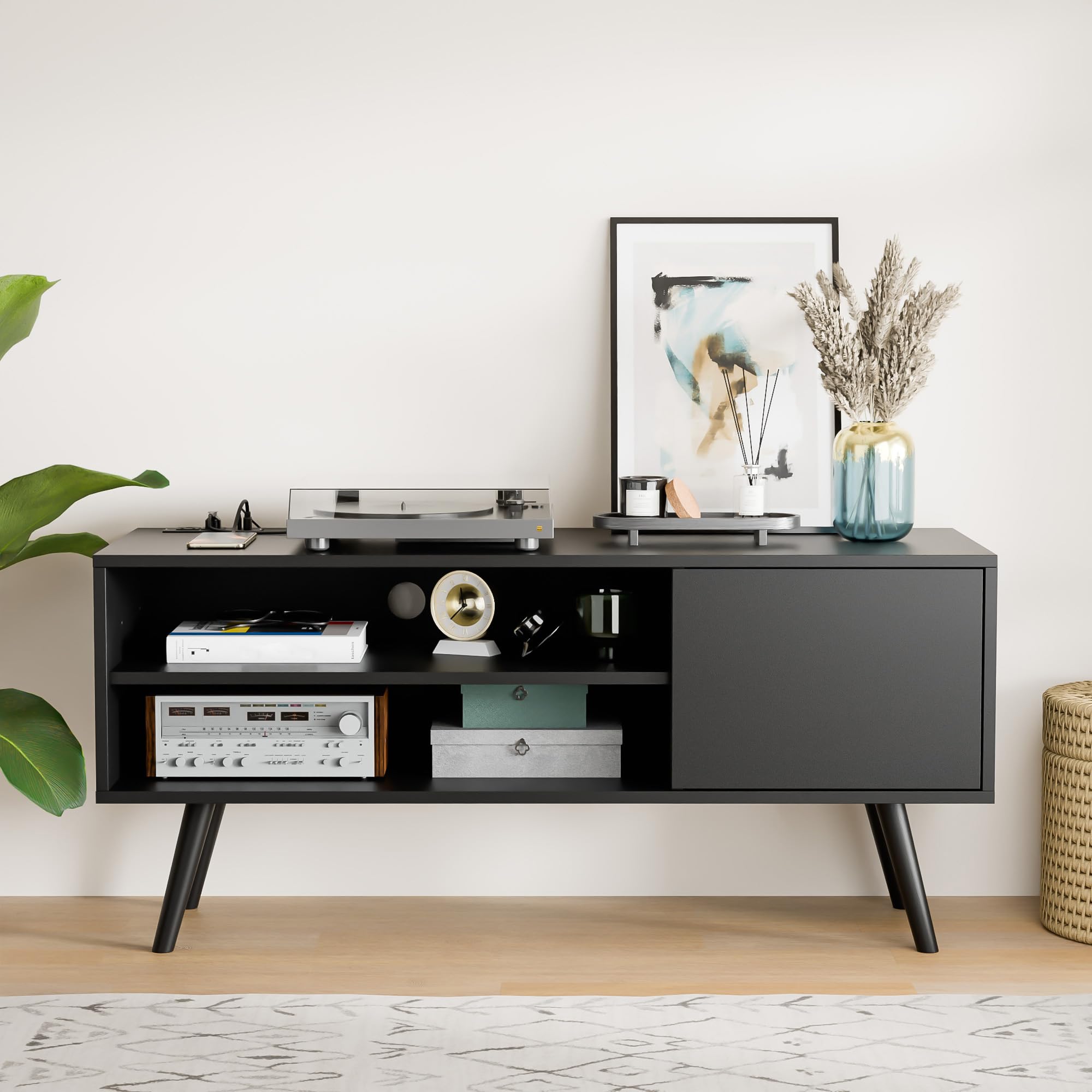 Mid Century Modern TV Stand for 48 Inch TV - Entertainment Center with Storage Cabinet, Media Console for Living Room & Bedroom - Black - Perfect for Small Spaces & Home Theater Setup