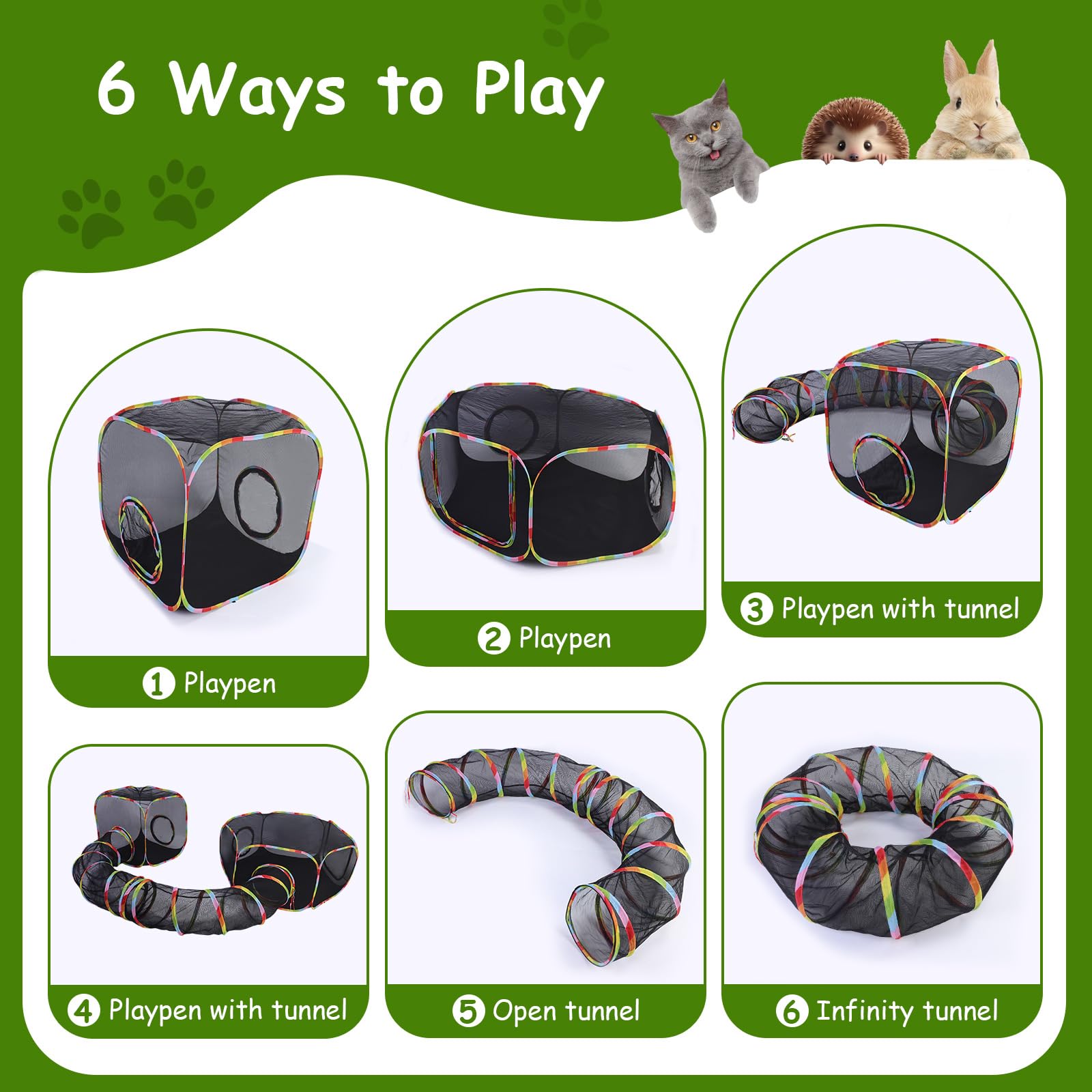 Upgraded Outdoor Cat Enclosures & Play Tunnels - Large Foldable Cat Tent with 6 Play Ways, Portable Kitty Playhouse Includes 2 Balls for Cats & Small Pets | Perfect for Backyard, Patio, Camping & Indoor Play