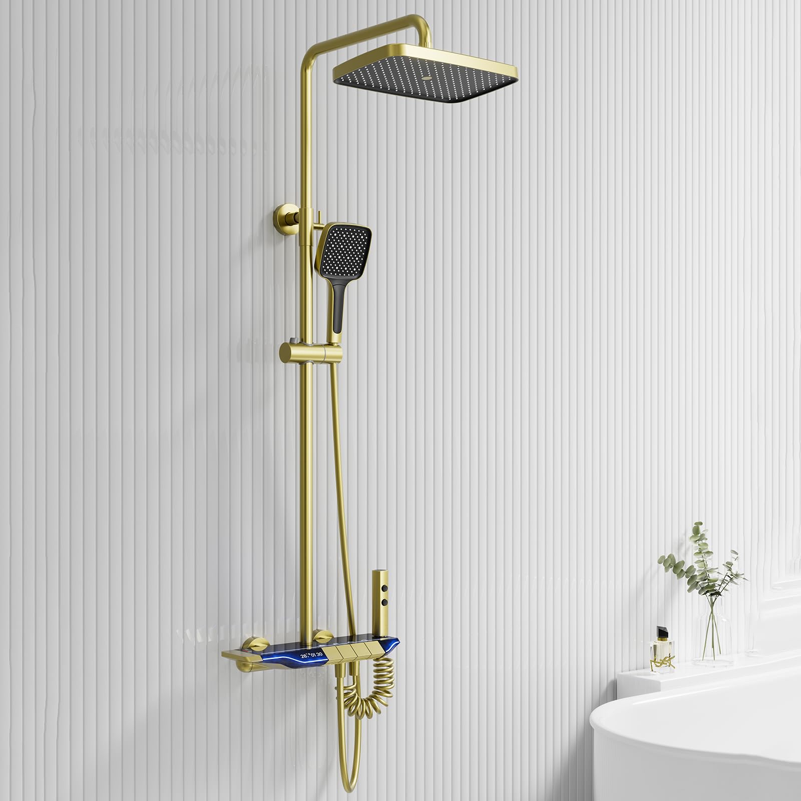 Brushed Gold Thermostatic Shower System Set - Adjustable Rainfall Shower Column with 310mm Shower Head, 3-Function Hand Shower & Bidet | Perfect for Modern Bathrooms, Spa-Like Experience, Water Saving