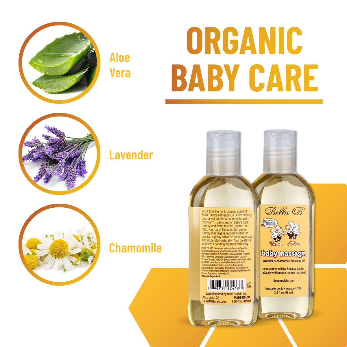 Organic BELLA B Baby Massage Oil 3.3 oz - Lavender Scented Infant Massage Oil for Relaxation & Sleep - Perfect for Newborns, Baby Massage & Skin Care - Made with Natural Ingredients for Sensitive Skin