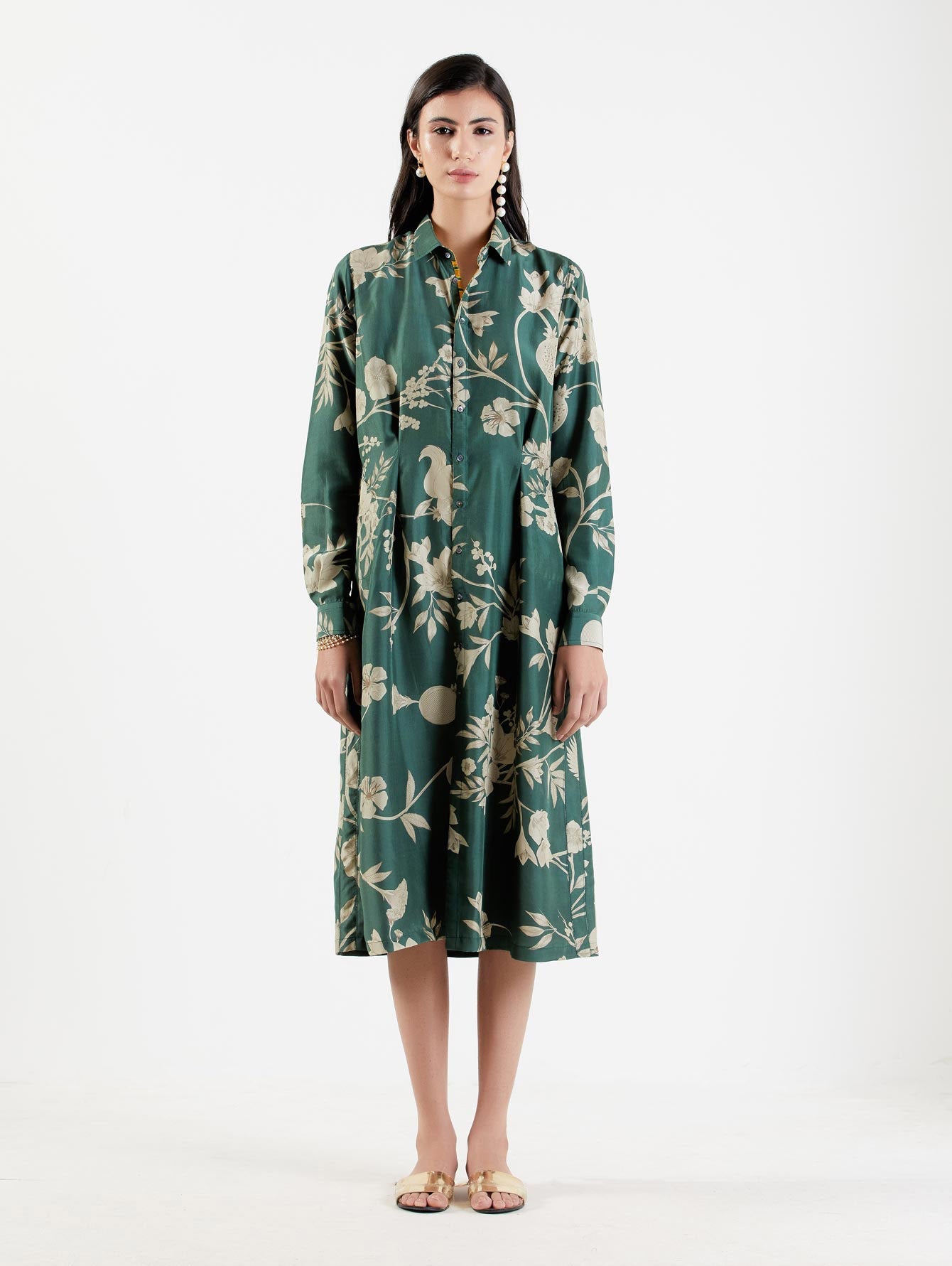 Elegant Pleated Silk Twill Dress for Women - Forest Green Flowy Midi Dress for Office, Wedding & Special Occasions