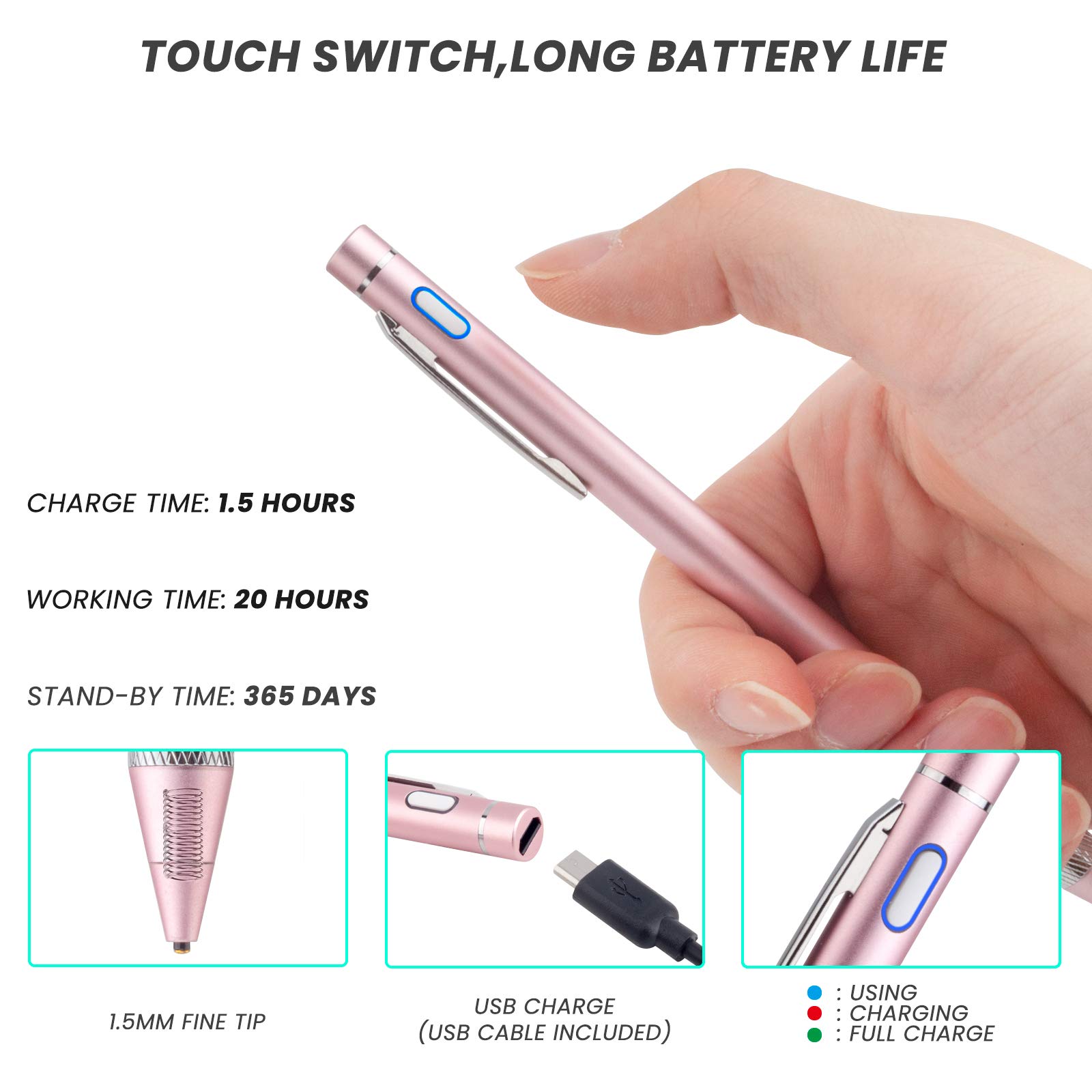 Rsepvwy Active Stylus Pen for Acer Chromebook Spin 11 - 1.5mm Ultra Fine Tip Digital Pencil with Palm Rejection (Pink) | Perfect for Note-Taking, Drawing & Touchscreen Navigation