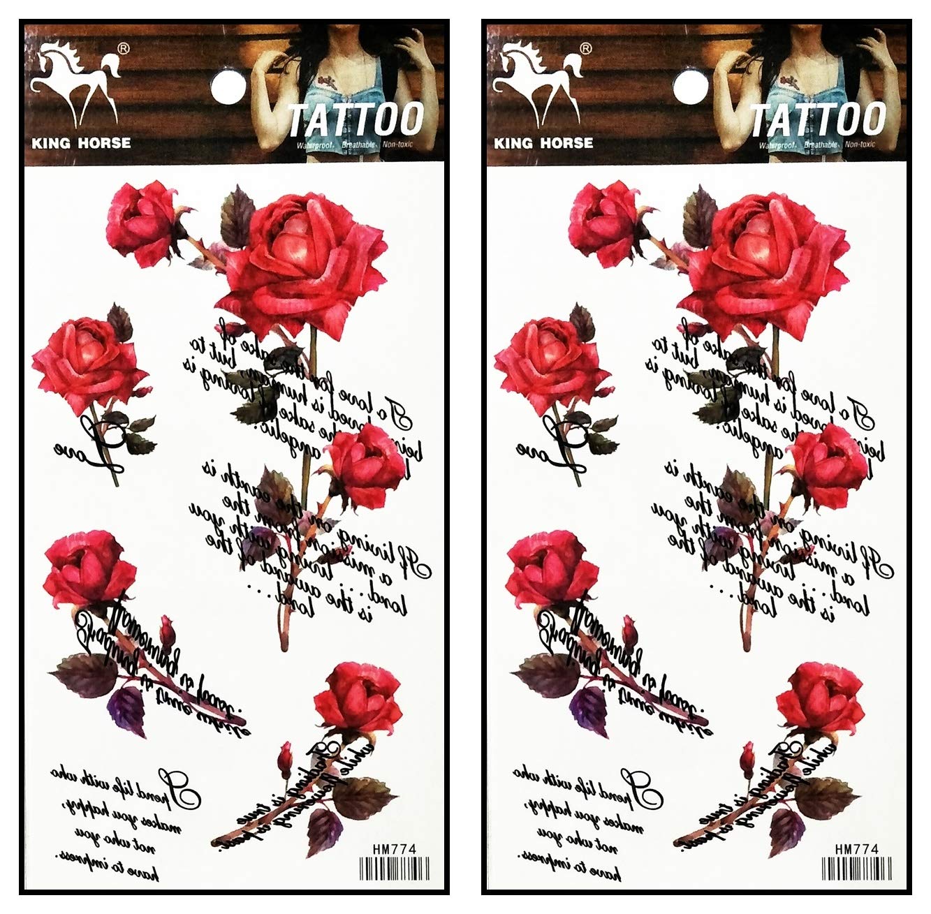 Waterproof Temporary Fake Tattoo Stickers - 2 Sheets with Classic Roses & Love Text Designs, Removable Body Art for Men & Women | Perfect for Parties, Festivals, Cosplay & Body Decoration