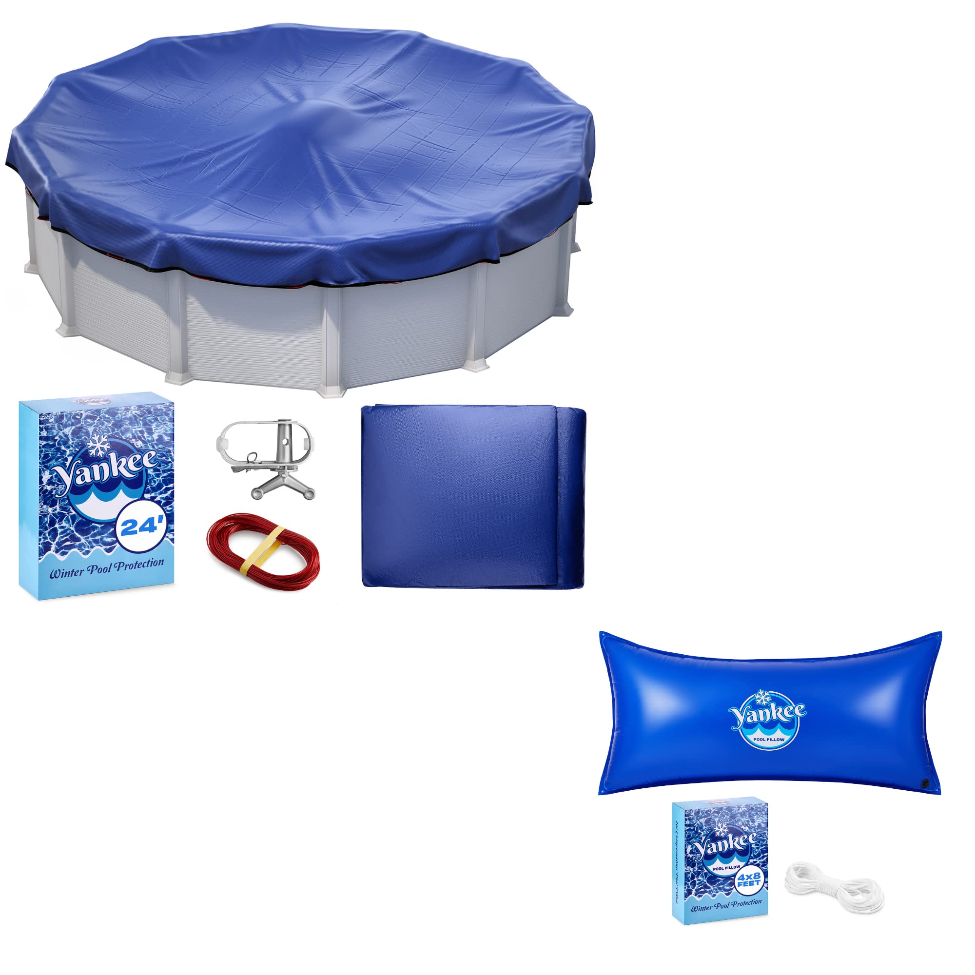 24 ft Round Above Ground Pool Cover - Extra Thick & Durable Winter Pool Cover with 4'×8' Square Pool Pillow Bundle | Sapphire Series by Yankee Pool Pillow | Perfect for Winter Protection & Pool Maintenance