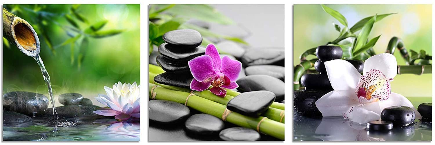 TutuBeer Zen Art 3-Panel Canvas Painting - Green Bamboo & Pink Flowers Wall Decor for Home, Spa & Bathroom - Stretched & Framed 20x20 Inch Each - Perfect for Meditation Rooms, Yoga Studios & Relaxation Spaces