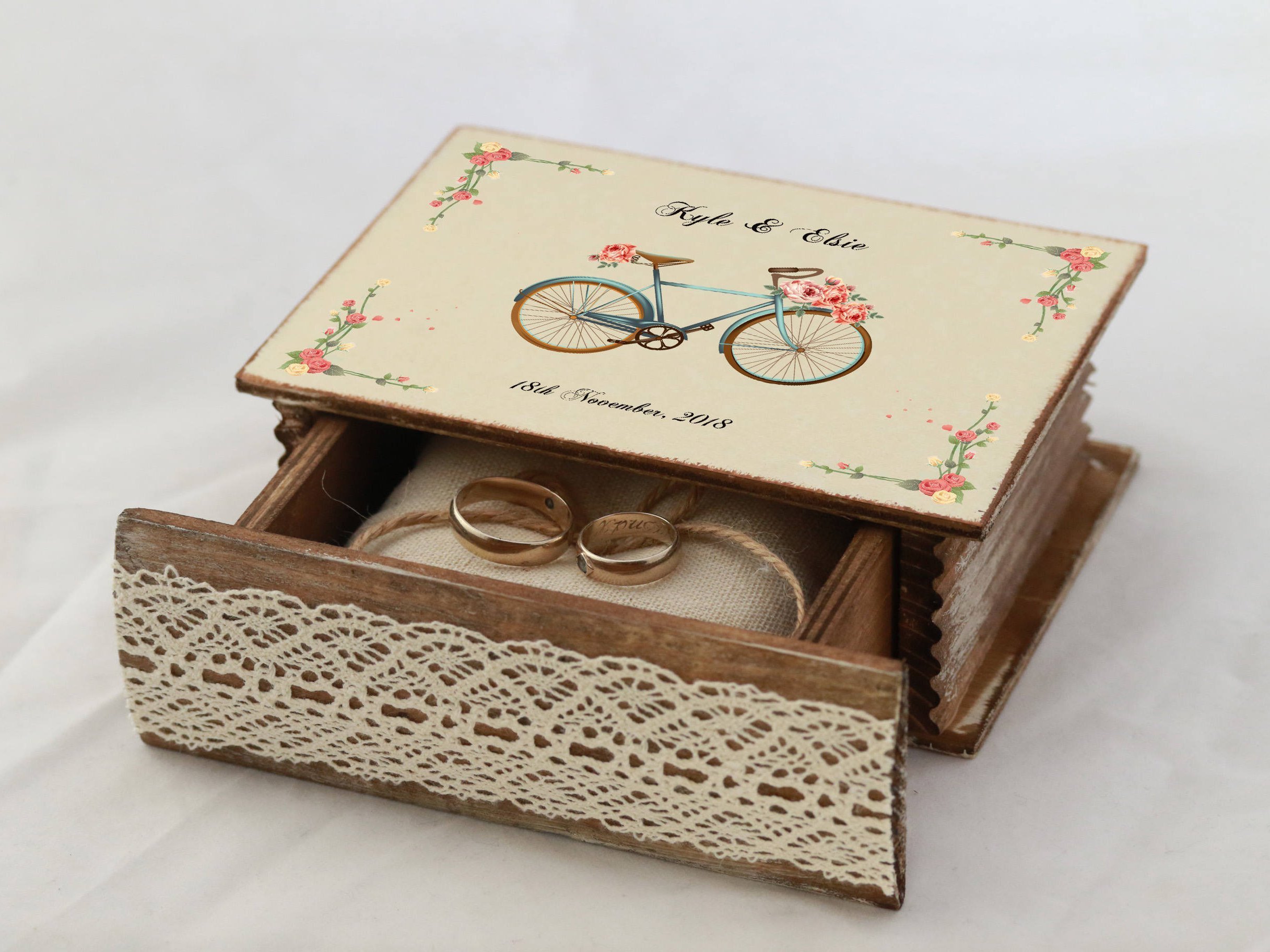 Personalized Ivory Ring Box for Wedding - Elegant Ring Bearer Box with Roses & Flowers, Bicycle-Themed Spring Wedding Ring Holder, Engagement Gift Box | Perfect for Ceremonies, Proposals & Anniversaries