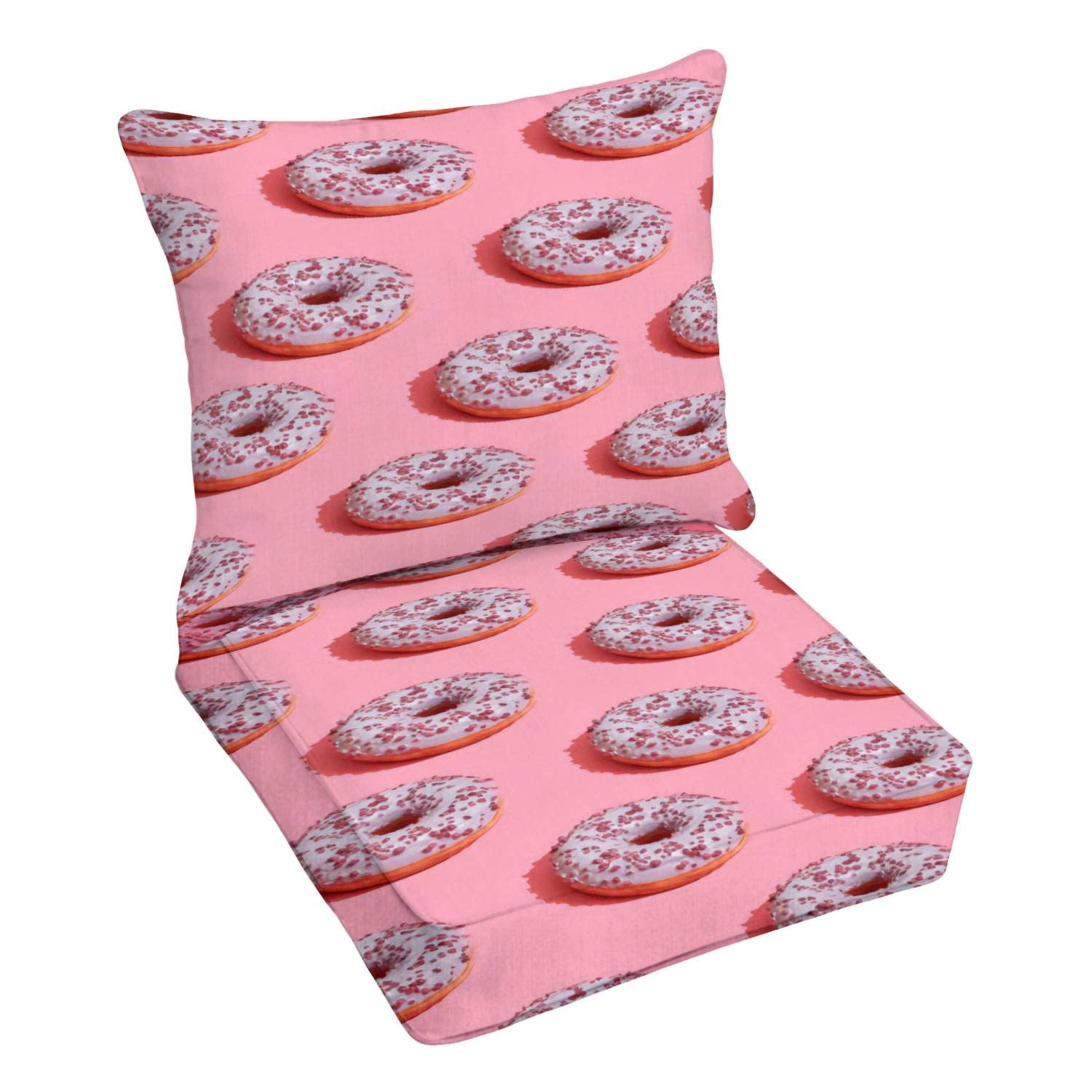 Outdoor Deep Seating Cushion Set - Food Design with Pink Glazed Donut Print on Coral Pastel Fabric | Premium Replacement Cushions for Patio Lounge Chairs | Perfect for Backyard, Poolside & Outdoor Conversation Areas