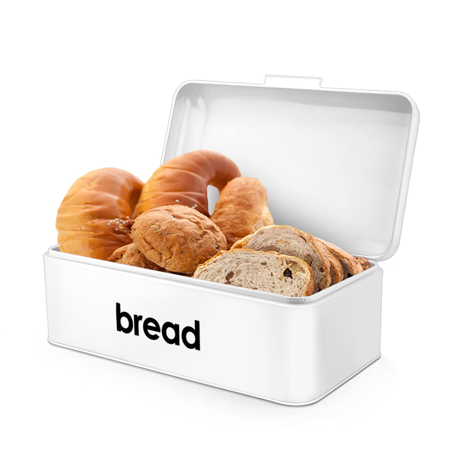 White Metal Bread Box for Kitchen Countertop - Large Capacity Food Storage Container for Bread Loaves & Pastries - Modern Design with Lifted Cover (16.5x9x6.3 inches) - Perfect for Home, Bakery & Restaurant Use