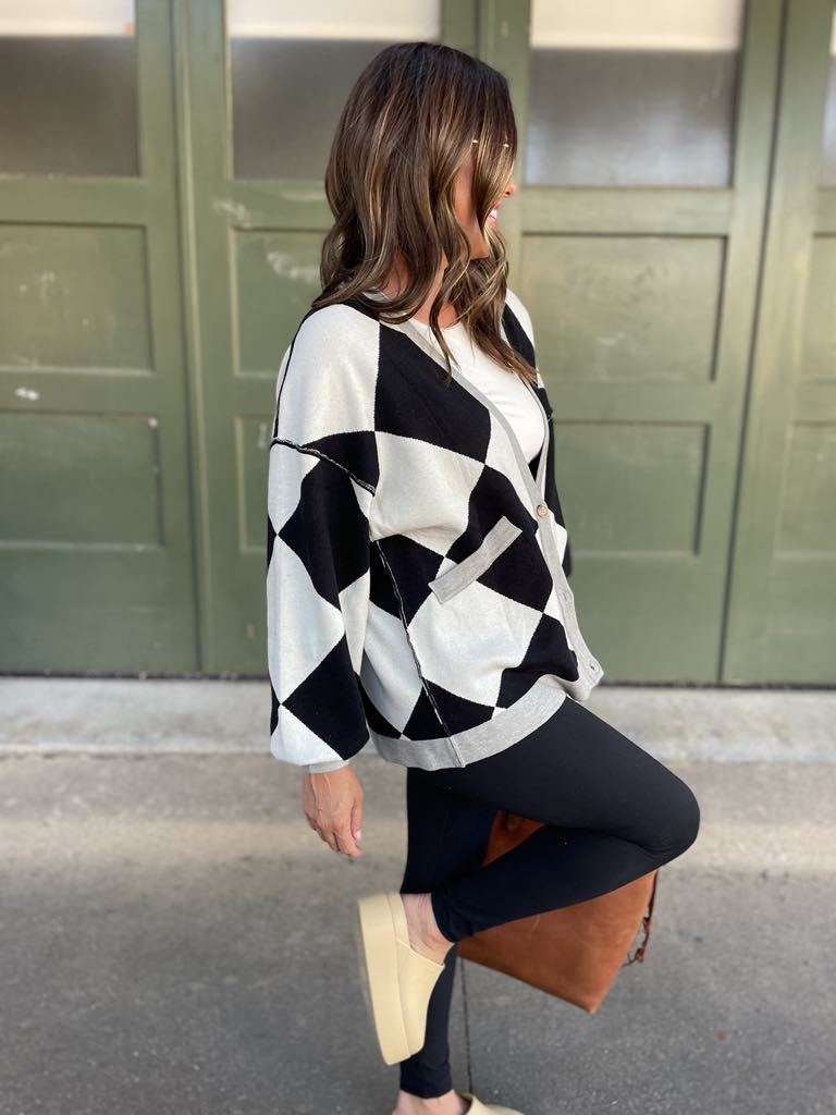 PREORDER: Black Checkers Contrast Trim Cardigan for Women | Stylish Knit Sweater for Fall & Winter | Perfect for Office, Casual Outfits & Layering