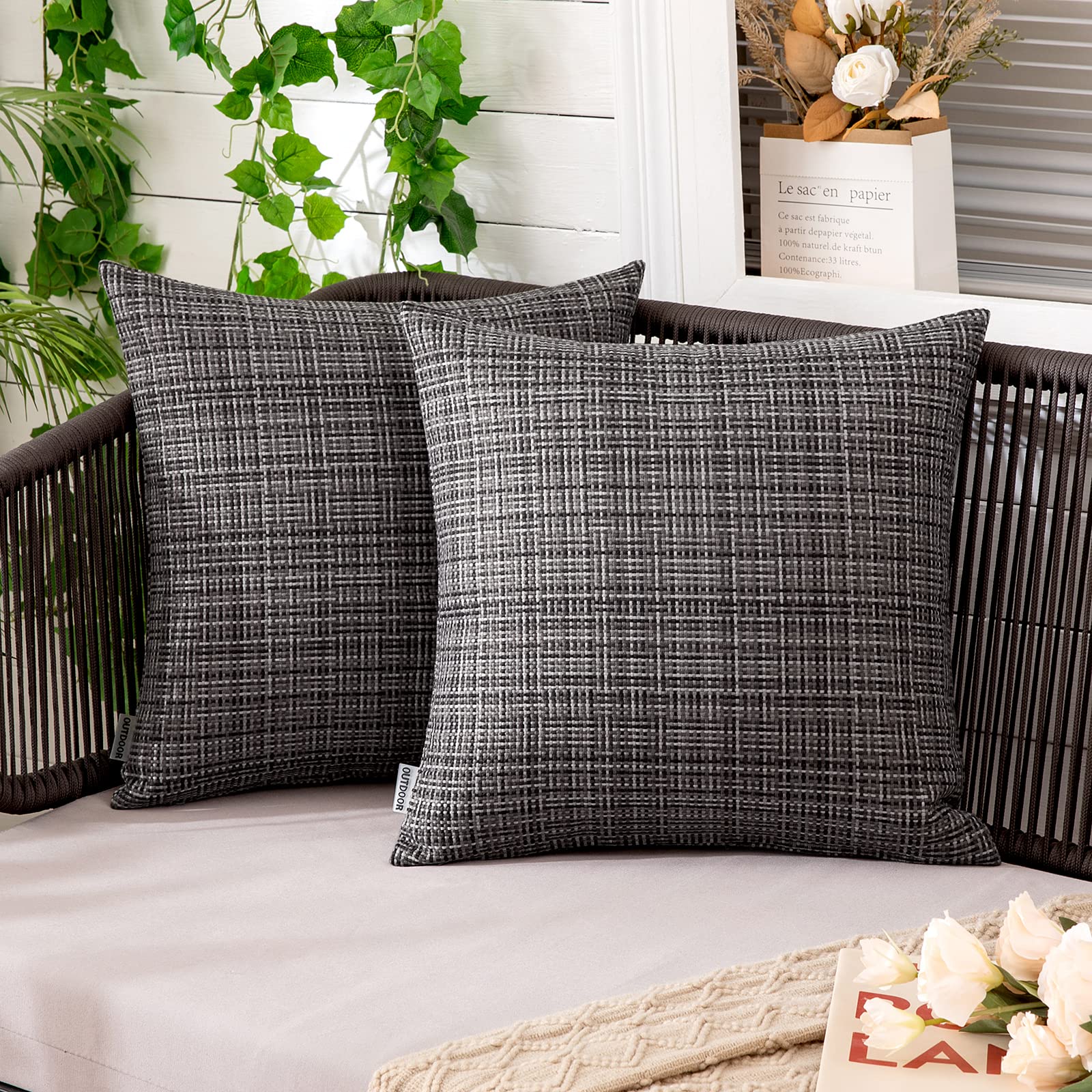 MIULEE Waterproof Outdoor Throw Pillow Covers 16x16 Inch - Farmhouse Decorative Cushion Covers for Patio, Garden, Tent, Sofa & Couch (Set of 2, Gray) - Perfect for Outdoor Furniture, Camping & Home Decor