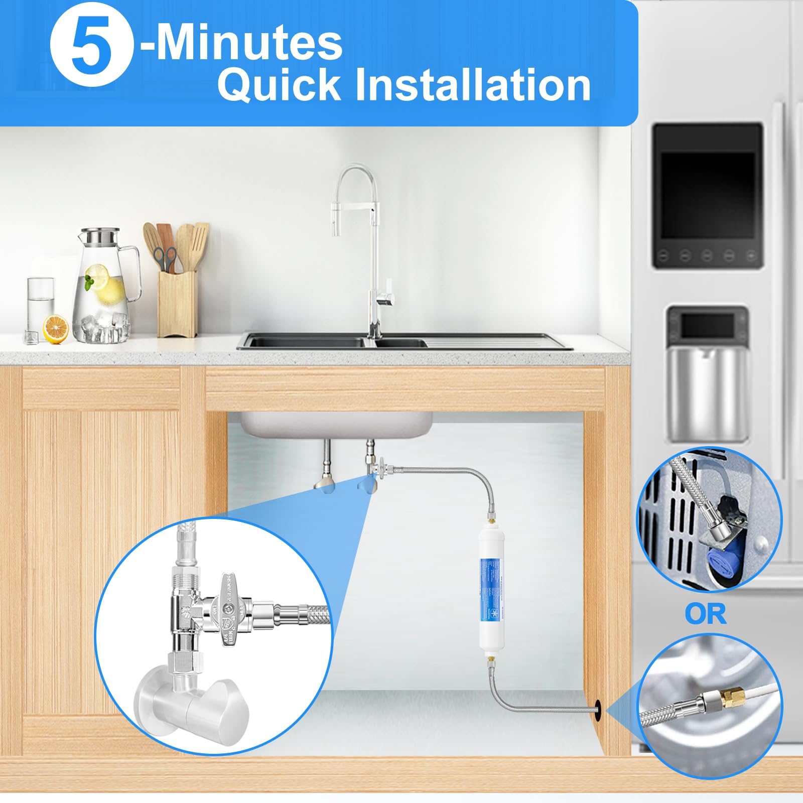 20FT Stainless Steel Braided Refrigerator Water Line Kit with Tee Stop Valve - Food Grade PEX Inner Tube, 1/4
